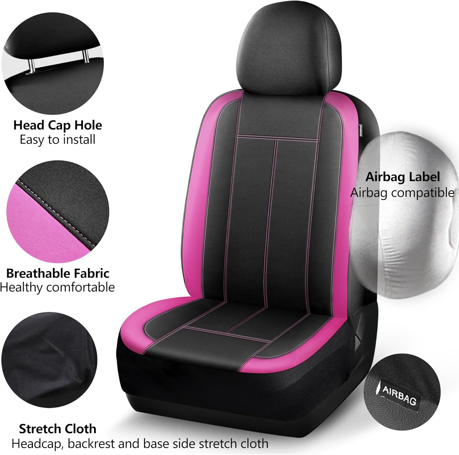 HChengkikz Car Seat Covers Front Seat, Waterproof Neoprene Seat Covers, Car Seat Cover Airbag Compatible, Universal Automotive Comfort for Most Cars, Trucks, SUVs (Black Pink 816)