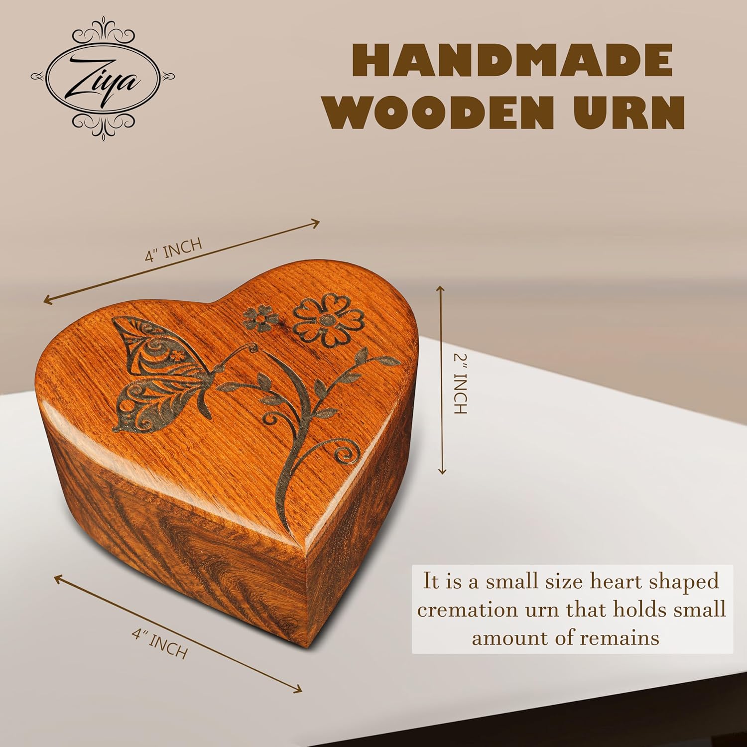 ZIYA Wooden Butterfly Heart Keepsake Urn – Small Cremation Urn for Human Ashes Adult Female, Male - Honor Your Loved One with Mini Sharing Tiny Urn Box for Women, Men Either for Any Pets