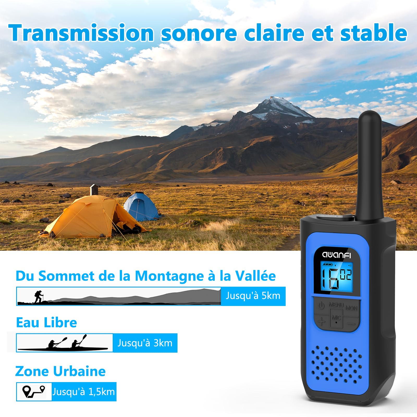 Talkie Walkie Longue Portée Enfants Adultes 3 Pièces, Talkie-Walkie Rechargeable avec 16 Canaux Radio à 2 Voies Écran LCD, Walkie Talkie USB Type C avec VOX pour Jeu d'Aventure, Randonneé, Vélo