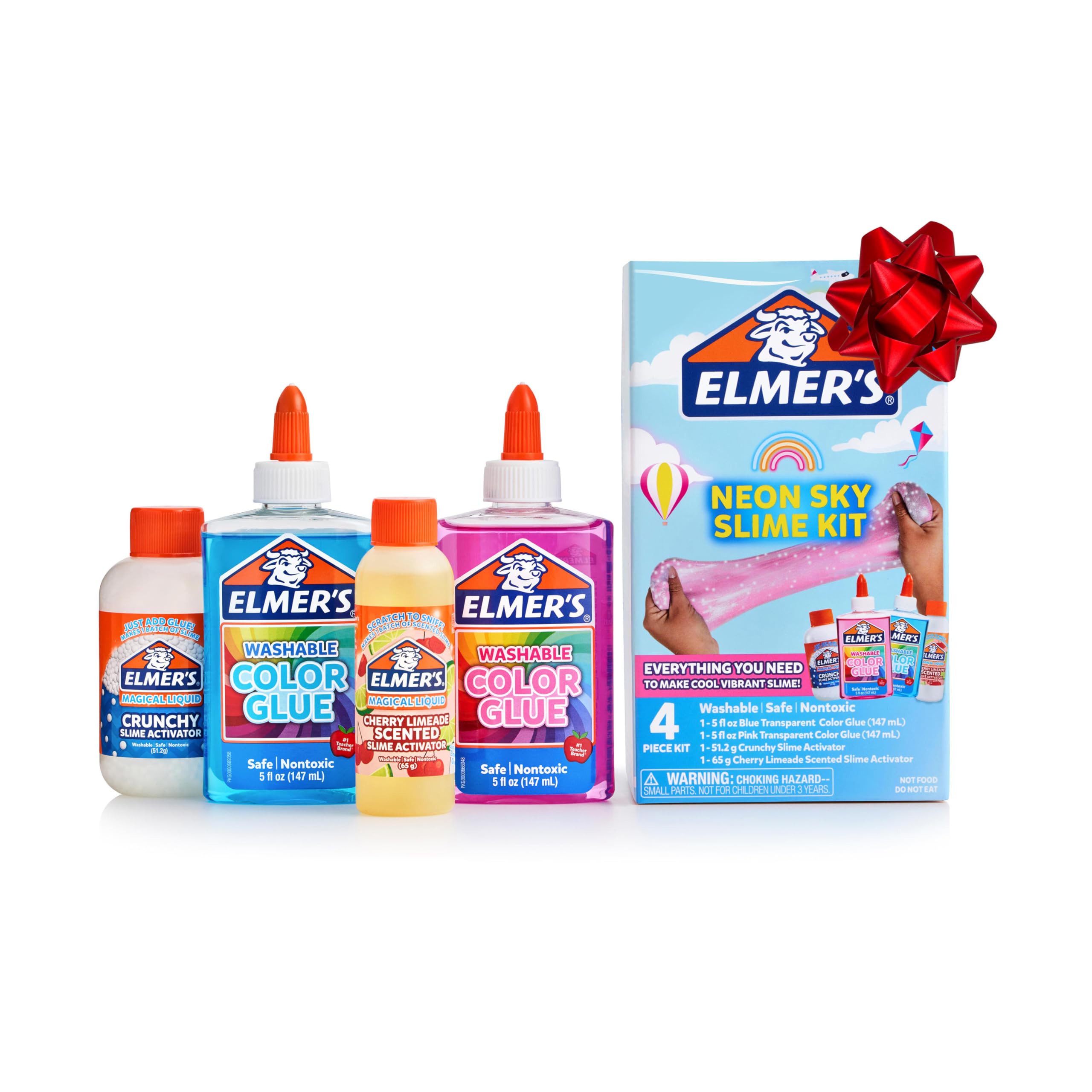 Elmer’s Neon Sky Slime Kit, Includes Transparent Color Liquid Glue, Crunchy and Cherry Limeade Scented Activators, 4 Piece Kit - Perfect for Birthday Parties, Gift Idea, Kids Activity