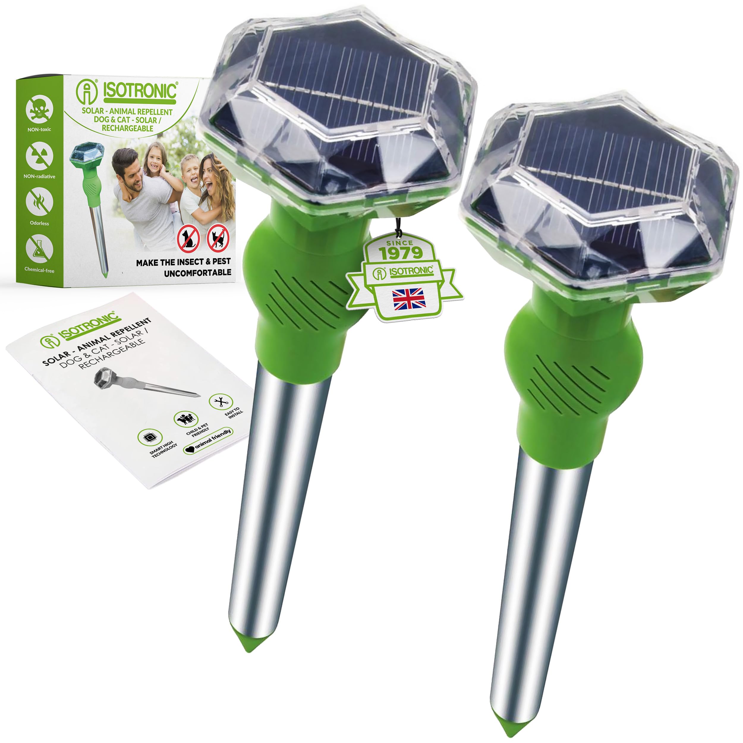 ISOTRONIC Solar Animal Repellent for Cats, Dogs, Foxes & Raccoons – Ultrasonic Cat Repellent for the Garden – Dog Repellent with a 40m² Effective Range (2 Units)