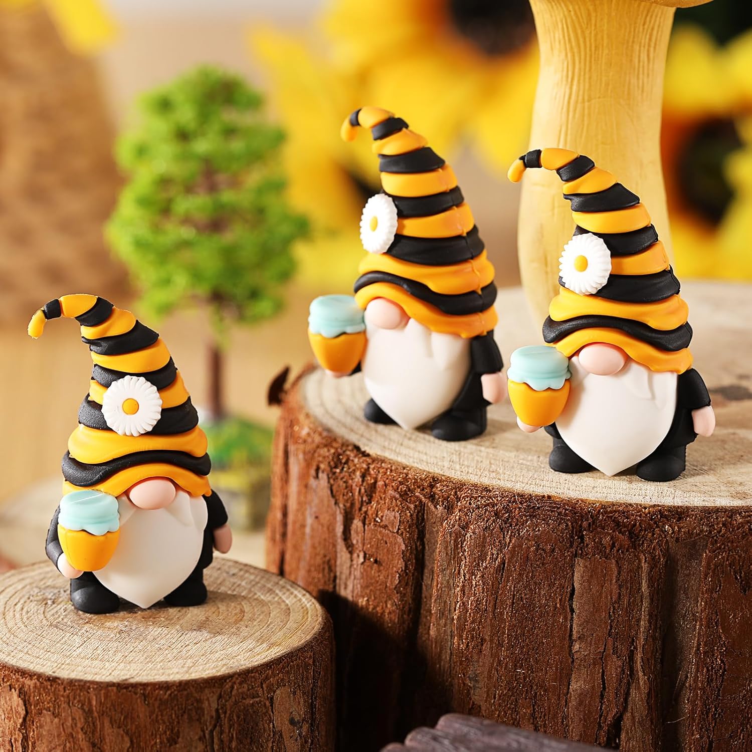 Silipull 50 Pcs Mini Bee Gnome Figurines Summer Sunflower Honey Bee Mini Gnomes for Women Mom Birthday Gifts Home Yard Lawn Garden Landscape Patio Decor Festival Themed Party Favors