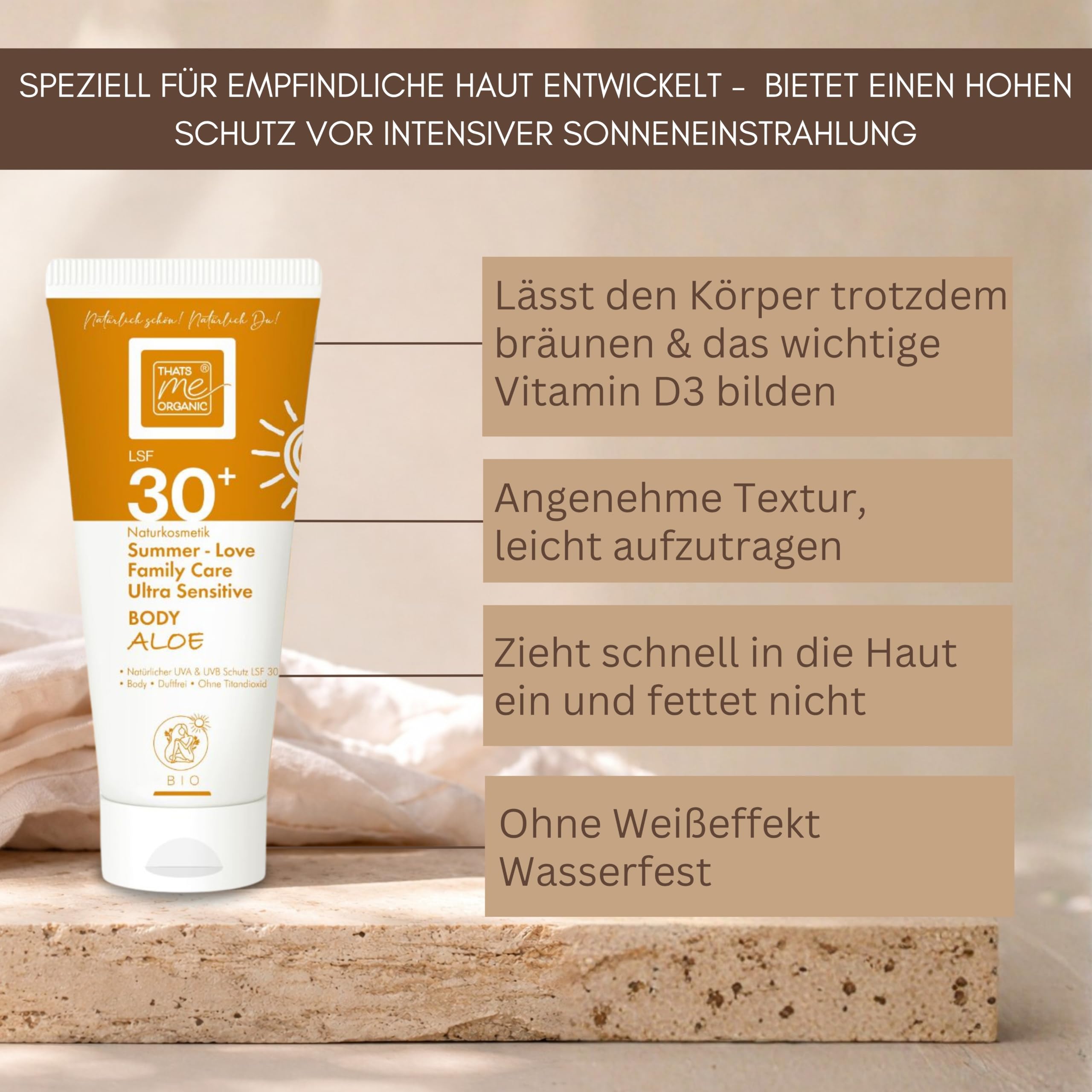 Thats me organic Bio Sonnencreme LSF30+ (200 ml) – Natürliche Sonnencreme für den Körper – vegan, wasserfest & ohne Weißfilm – Sonnenschutz für Kinder & Babys – NATRUE zertifiziert