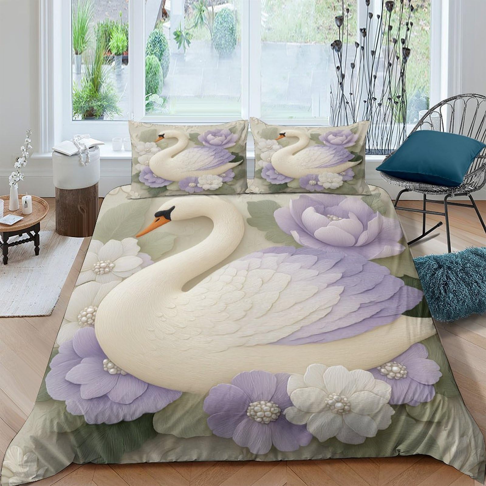 Ctjqhvkz Style-3 3D Printed Swan Floral Fitted Sheet Microfiber Soft Purple White Mattress Cover For Bedroom Dorm Easy Care Single（135X200cm）