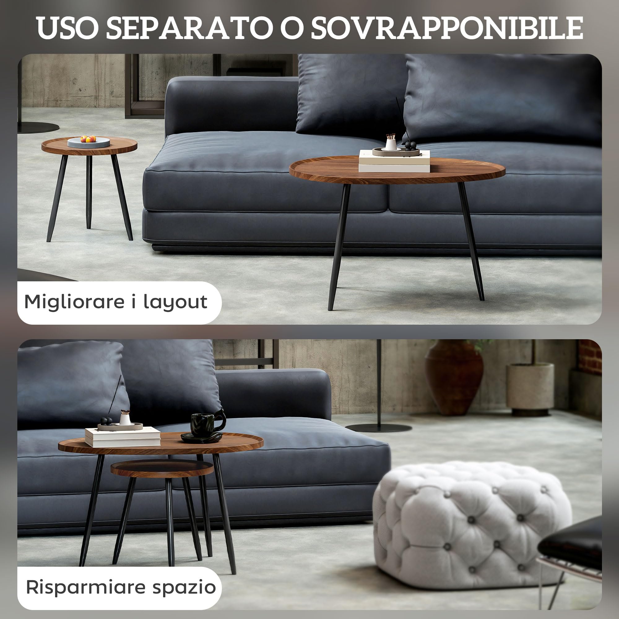 HOMCOM Set di 2 Tavolini da Salotto Sovrapponibili, Coppia Tavoli Bassi Moderni in Legno e Metallo per Ufficio, Soggiorno e Camera, Colore Noce