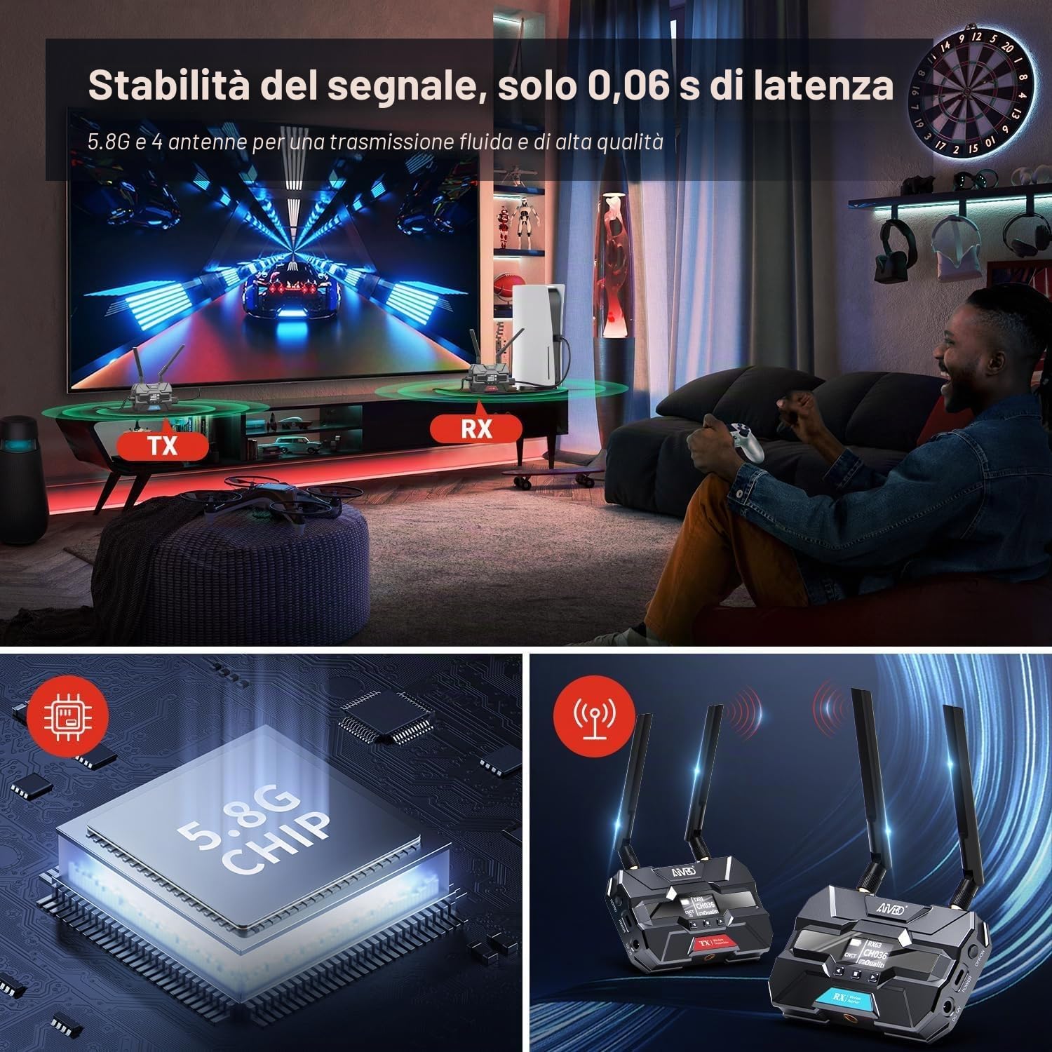 HDMI Wireless Video Trasmettitore e Ricevitore Pro - Fino a 6 RXs, 400M supporta HDMI Loopout/Schermo OLED/Canale intelligente, per Fotografia, Laptop, TVs, Monitor, Proiettore