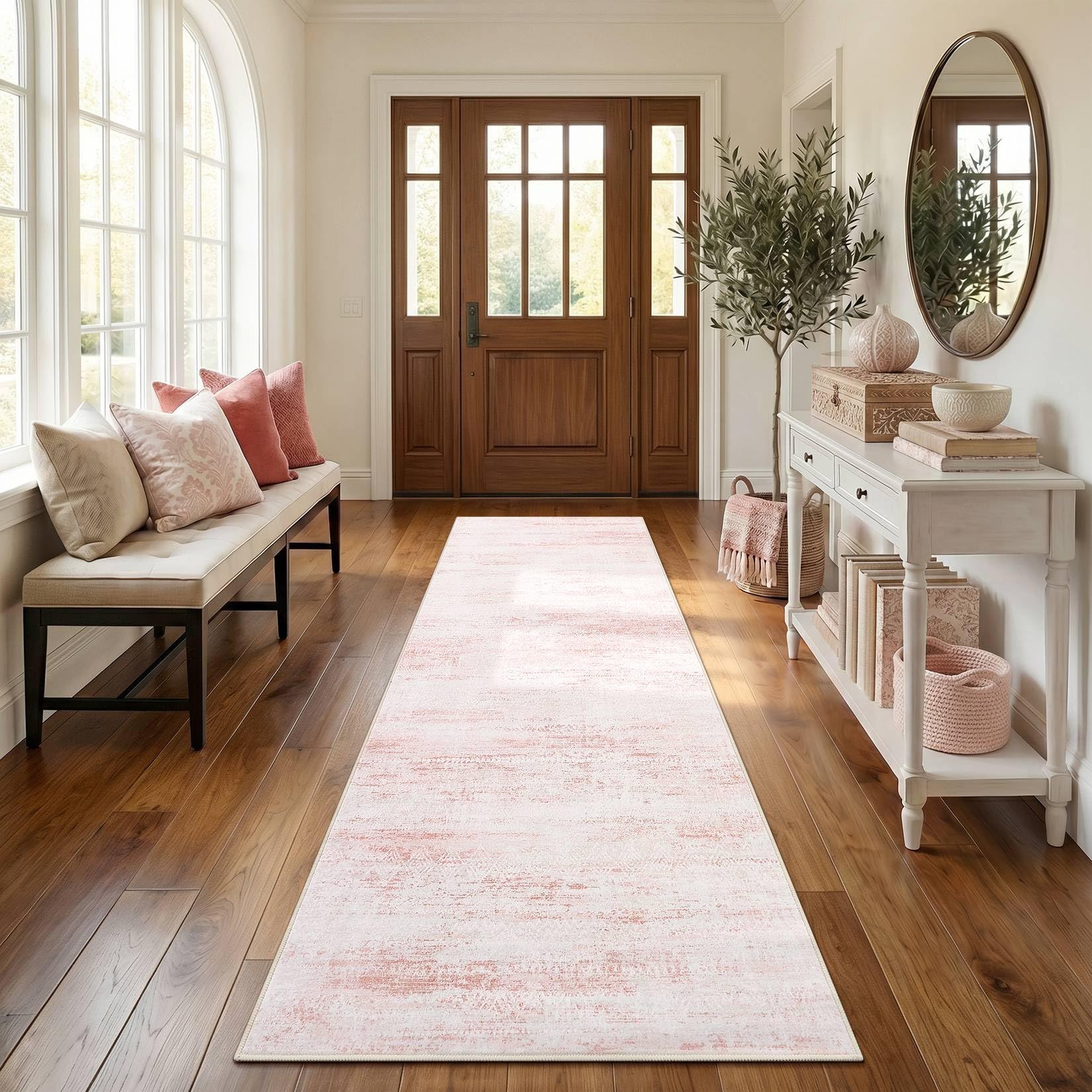 FairyStyle Abstract Runner Rug Washable Pink for Hallway 60 x 180 cm