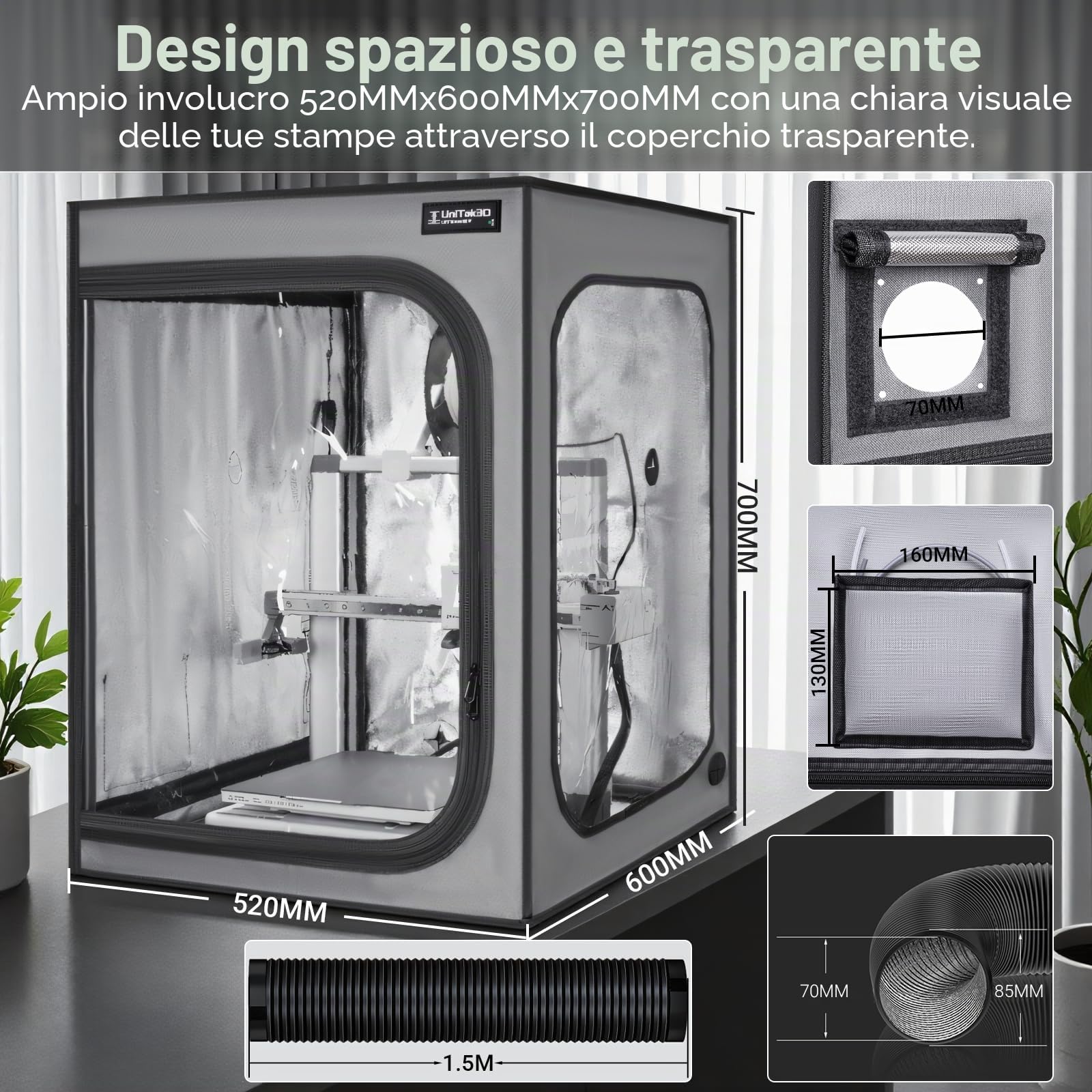 Aggiornamento Custodia per Stampante 3D con Kit Ventilazione Compatible with Bambulab A1/A1 Mini Combo, Luce LED, Temperatura Costante Riduzione Rumorecon Copertura per Stampante 3D-520 * 600 * 700mm