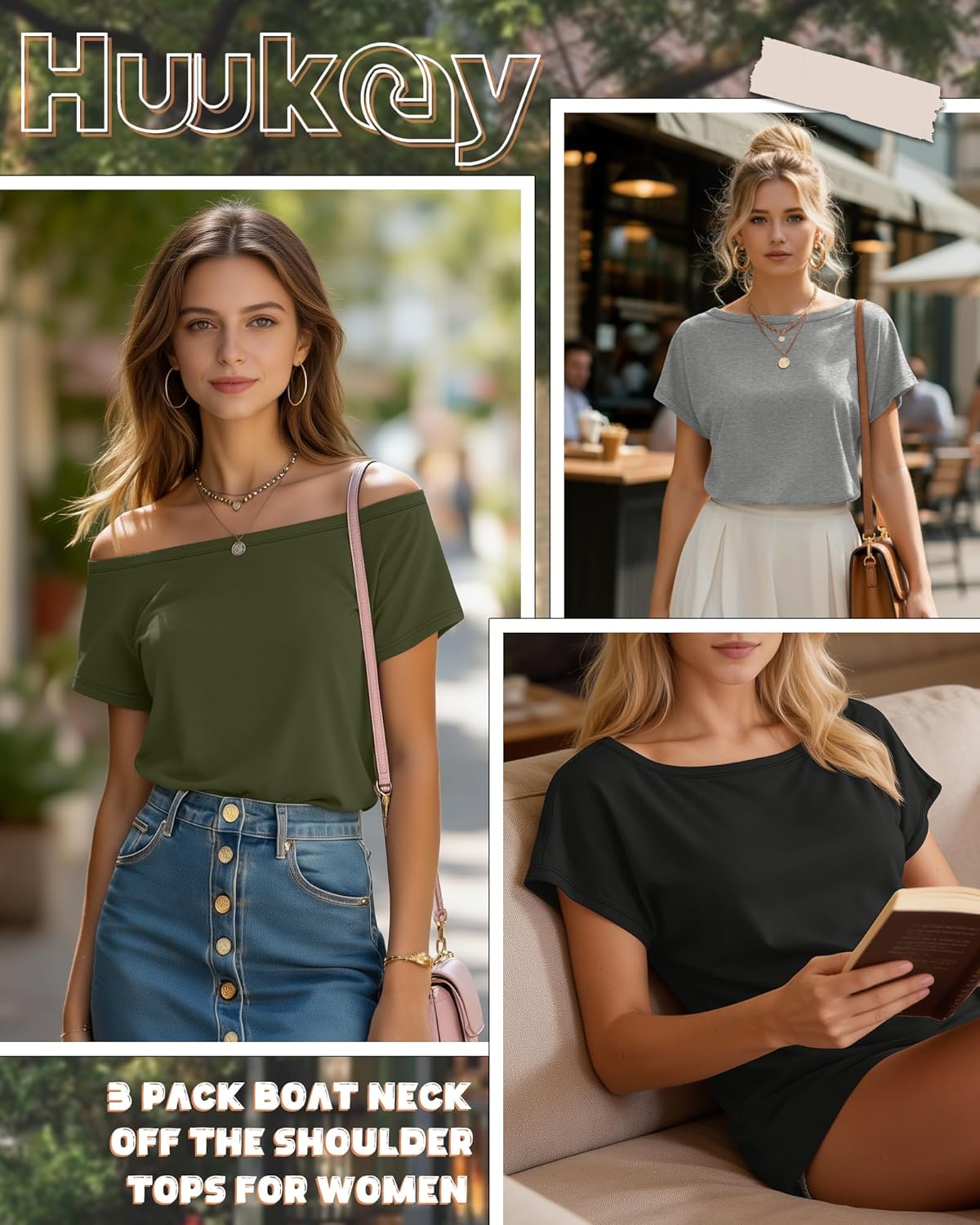 Huukeay 3 Pack Boat Neck Off The Shoulder Tops for Women, Short Sleeve Loose Shirts Causal Oversized Tunic Basic Tees - Image 4