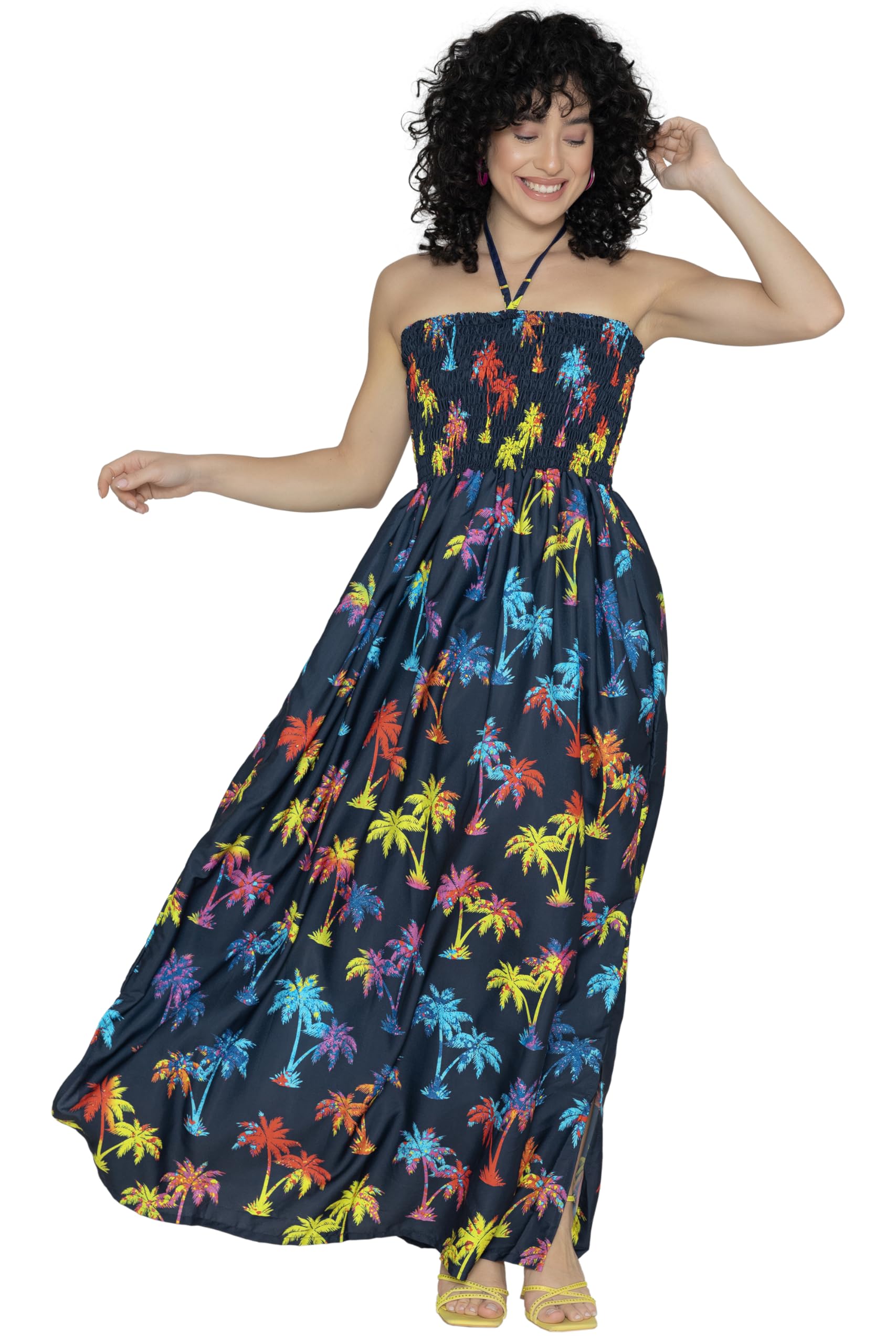LA LEELA Women's Plus Size Maxi Tube Dress - Smock Sundress With Printed Design, Adjustable Straps