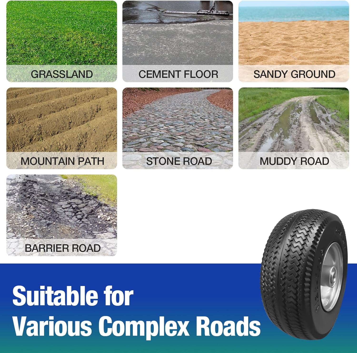 8.5" Flat Free Solid Polyurethane Tire and Wheel, 2.80/2.50-4 PU Airless Tires with 1/2" Ball Bearings, 3" Centered Hub for Hand Truck/Utility Cart/Dollies/Garden Trailers/Various Carts, 1 Pc