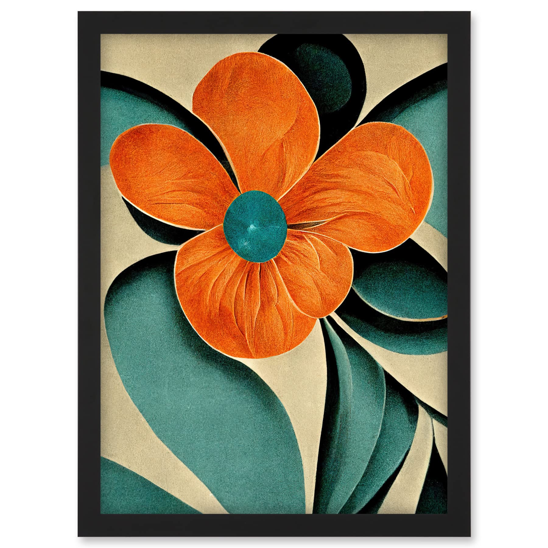 Doppelganger33 LTD Bold Art Deco Flowers Teal Orange Cream Poppy Artwork Framed A3 Wall Art Print