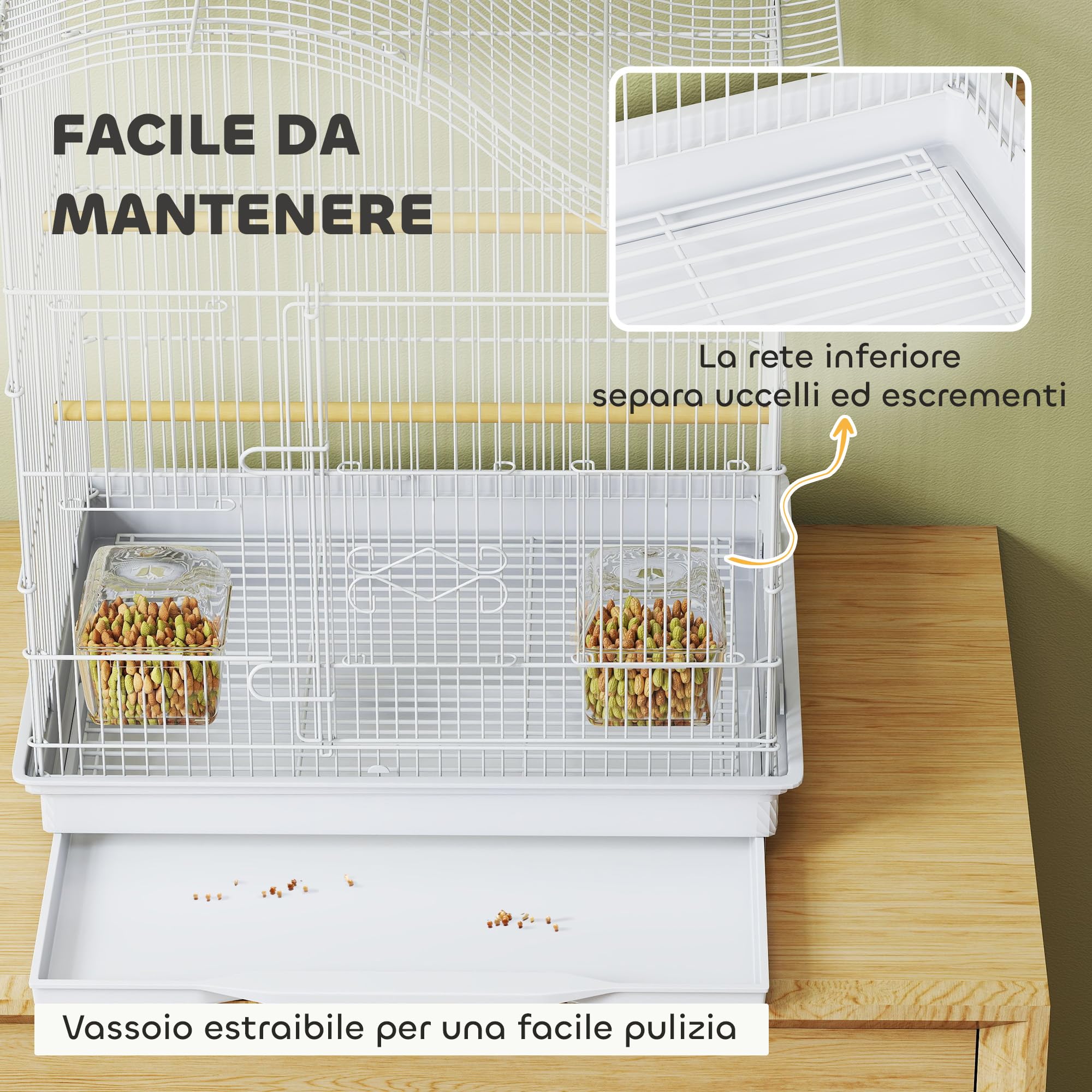 PawHut Gabbietta per Uccelli a 4 Ingressi con 2 Ciotole, 2 Posatoi e Vassoio Estraibile, Voliera in Metallo e Plastica, 47.5x36x54.5 cm, Bianco