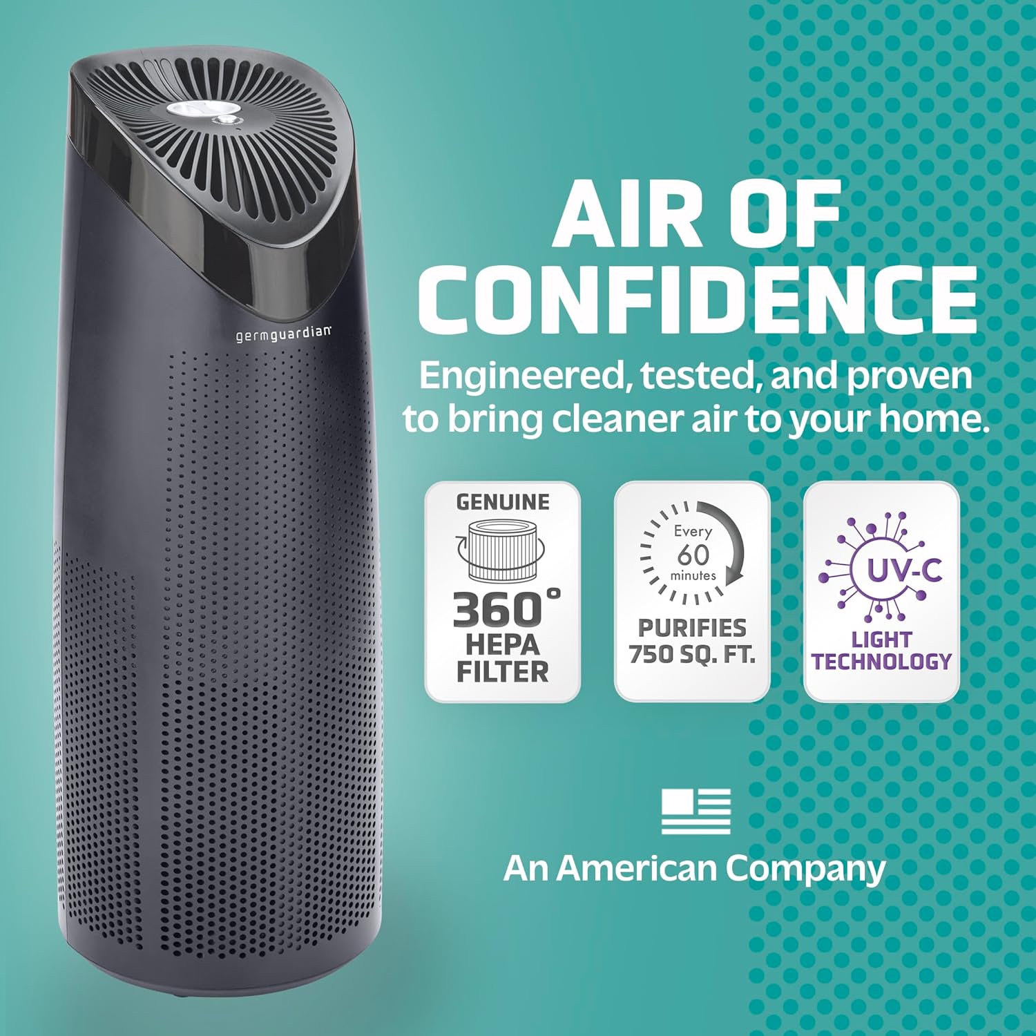 GermGuardian Air Purifier with HEPA Filter, Removes 99.97% of Pollutants, Covers Large Room up to 750 Sq. Foot Room in 1 Hr, UV-C Light Helps Reduce Germs, Zero Ozone Verified, 22", Black, AC4625BDLX