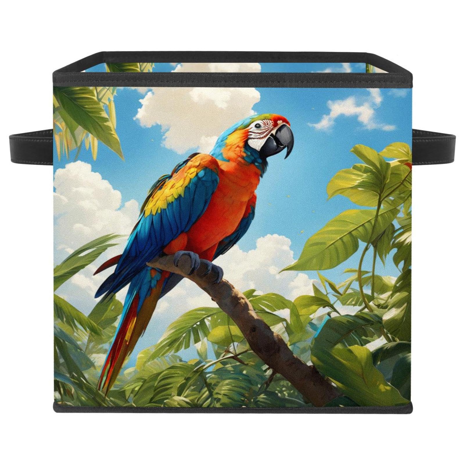 Bac de rangement cube pliable avec poignées en cuir, boîte d'organisation motif perroquet