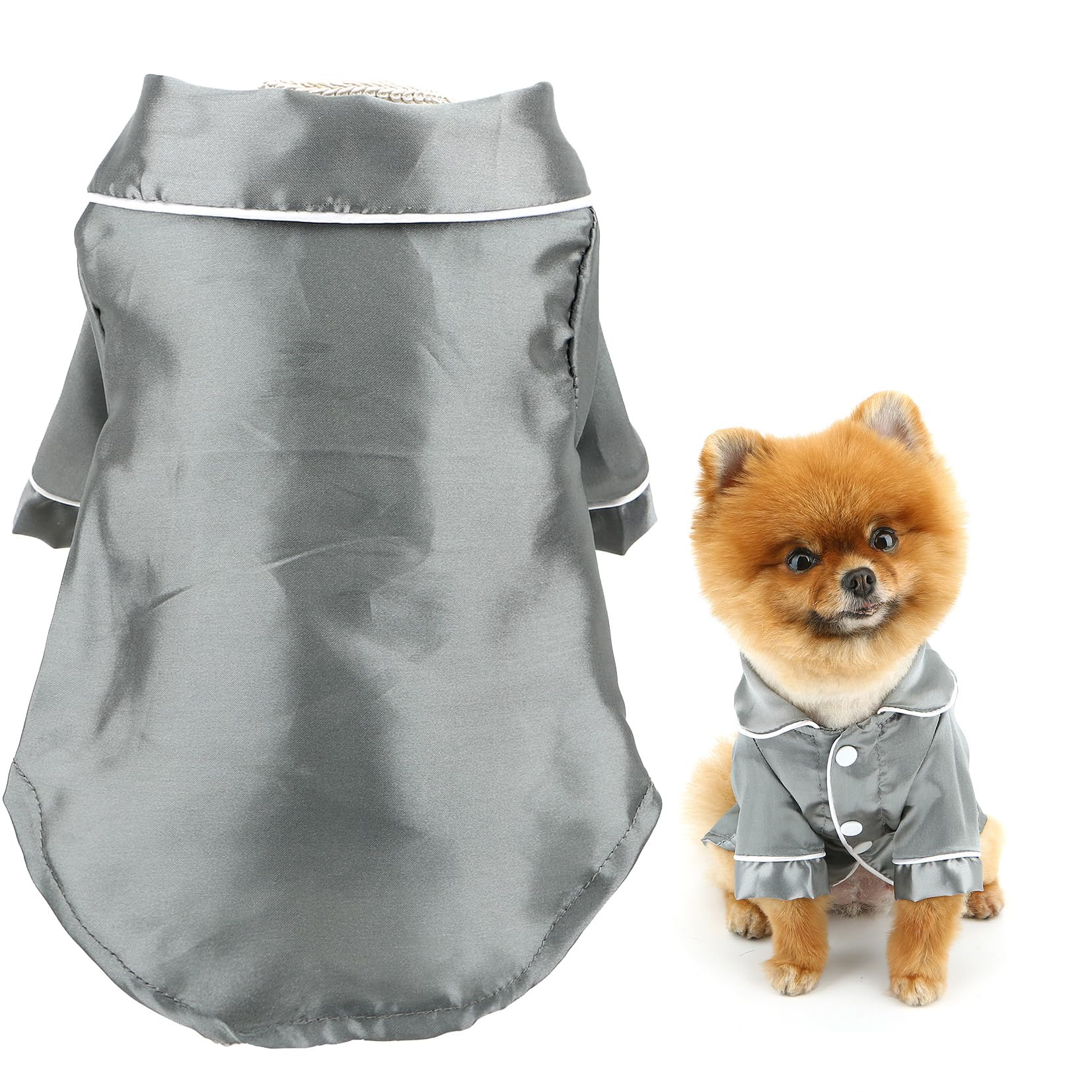 SMALLLEE_LUCKY_STORE Solid Dog Pyjamas for Small Medium Dogs Cats Soft Faux Silk Pet Sleepwear Shirts Comfortable Lapel Pjs Loungewear Pajamas Bulldog Chihuahua Yorkie Two-Legged Outfit, Gray, S