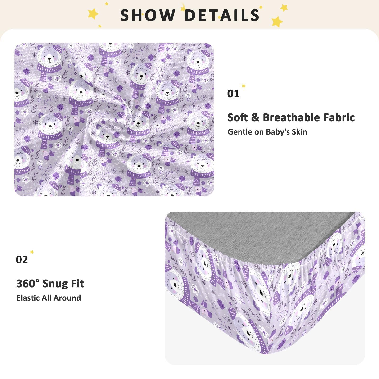 Sábanas de algodón para cuna de bebé, suave, diseño de oso lavanda, funda de ropa de cama para guardería, 1 paquete de juego de sabanas para 52 x 28 pulgadas