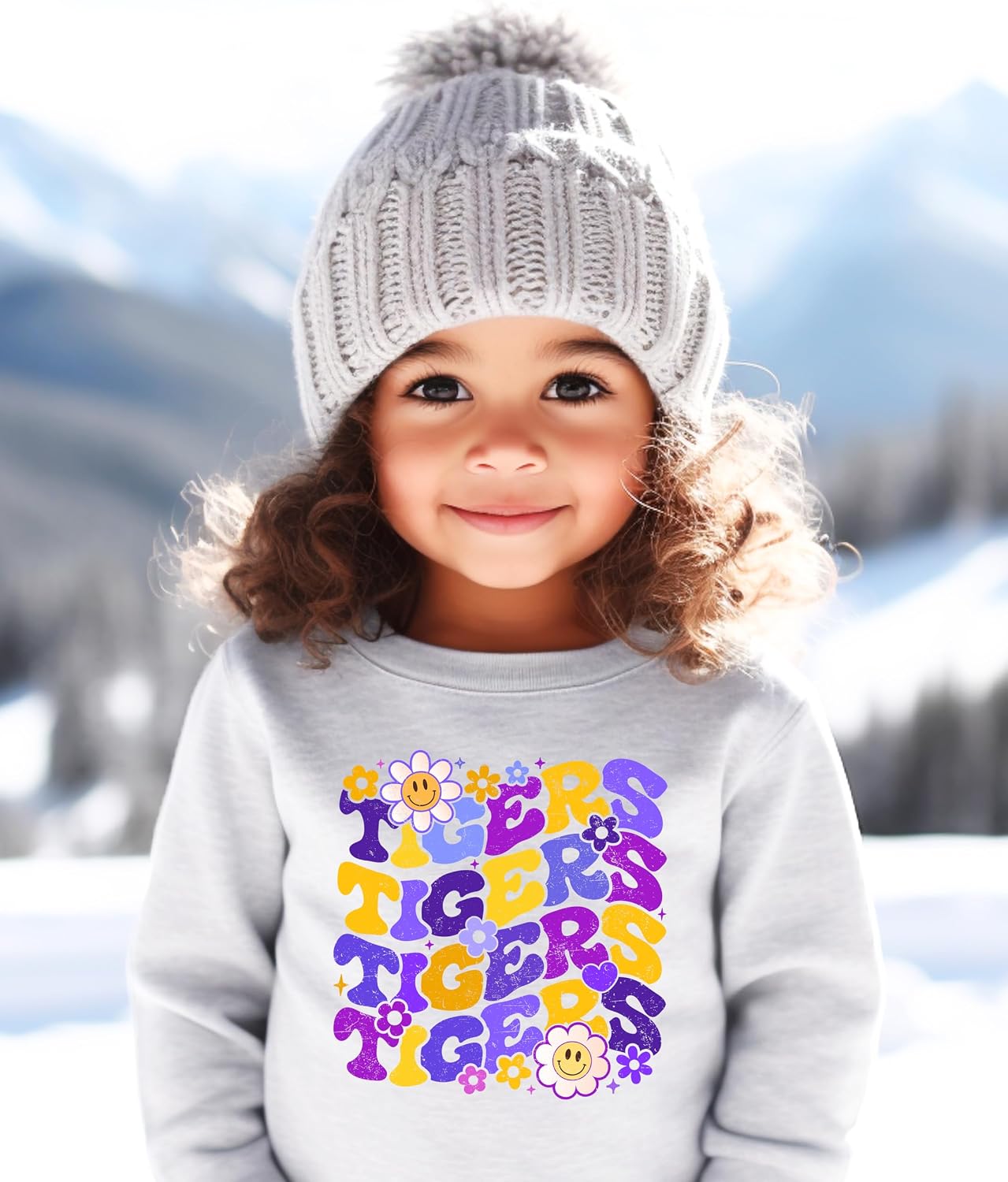 Olive Loves Apple Retro Tigers Sweatshirt for Women, Teens & Kids Trendy Purple and Yellow Team Sweater