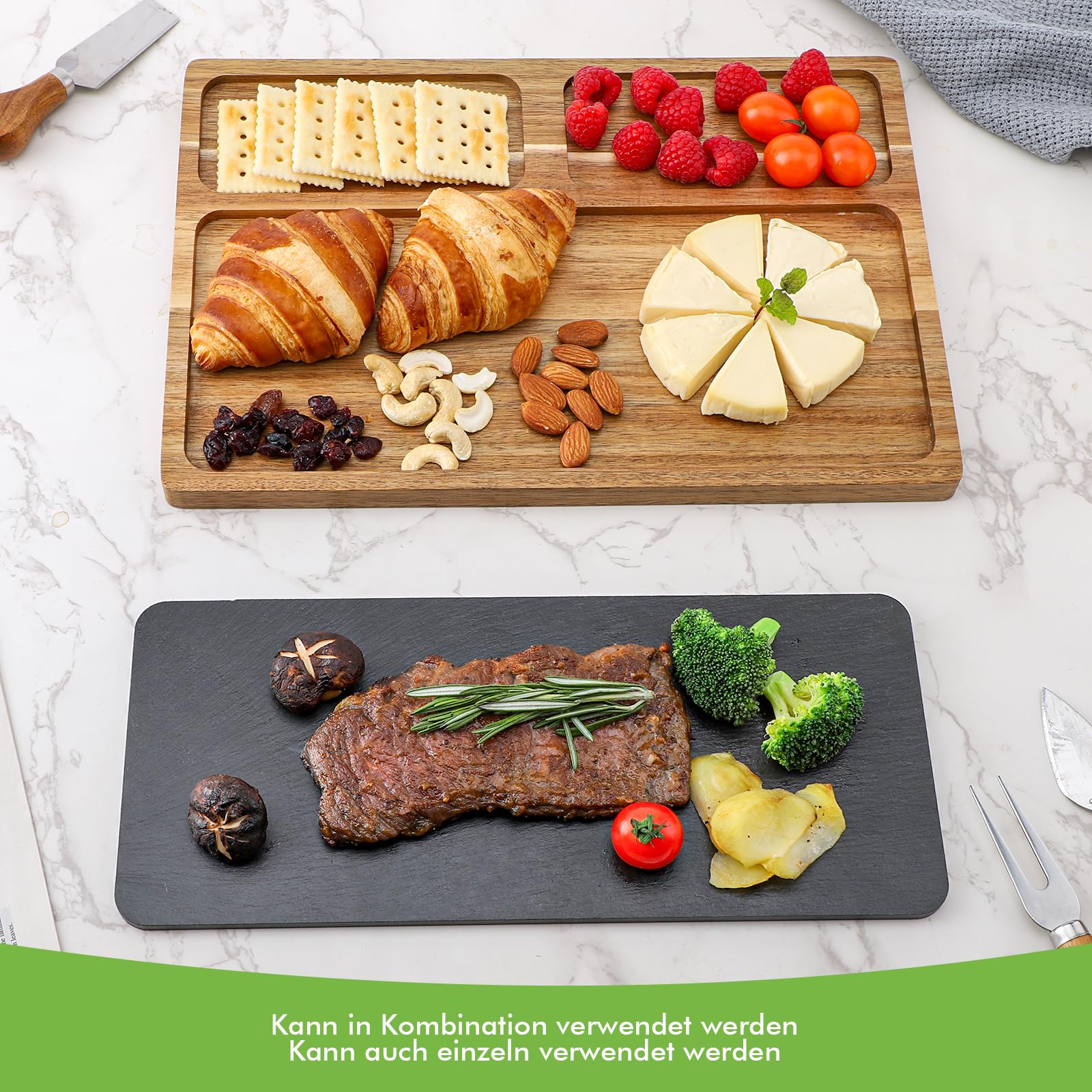 Planche De Service En Ardoise En Bois D'acacia - Plateau De Service Et Planche à Fromage - Plateau à Steak En Ardoise - Plateau De Dîner - Multi-usage