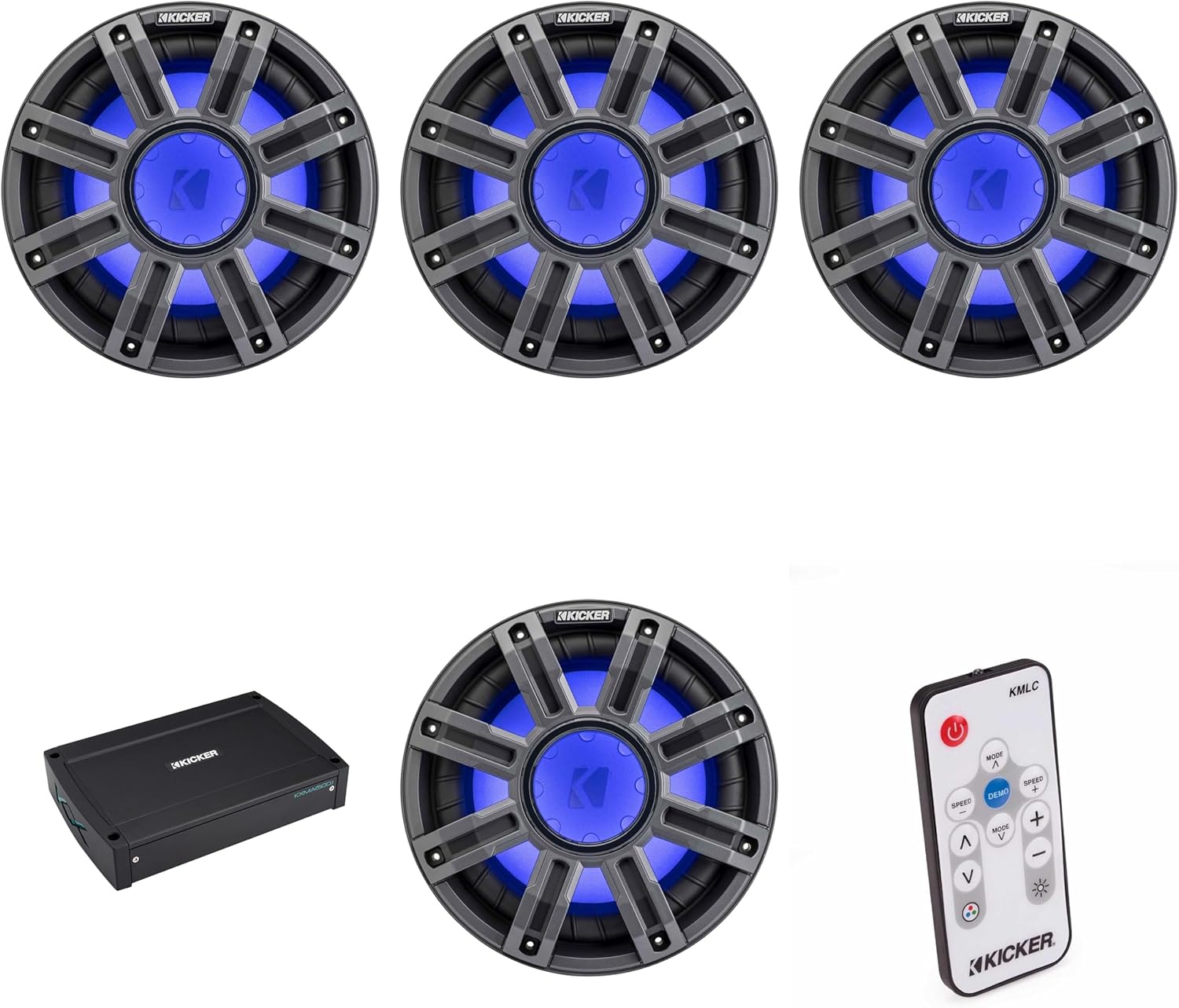 KICKER (4 51MWE104 - MWE 10-Inch Premium Marine Subwoofer (Enclosure) 4-ohm & 51KXMA15001 Marine Amp Bundle (Includes LED Remote)