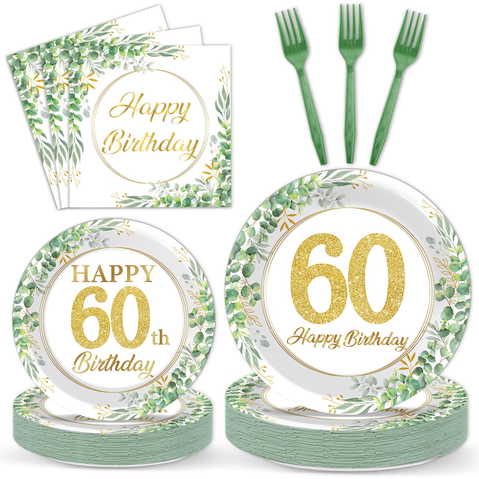 Qyeahkj 100 Pcs 60th Birthday Decorations Party Tableware Set Greenery Eucalyptus Paper Plates Sage Green Plates Forks and Napkins 60th Birthday Party Decoration for 60 Years Old Women Serve 25 Guests