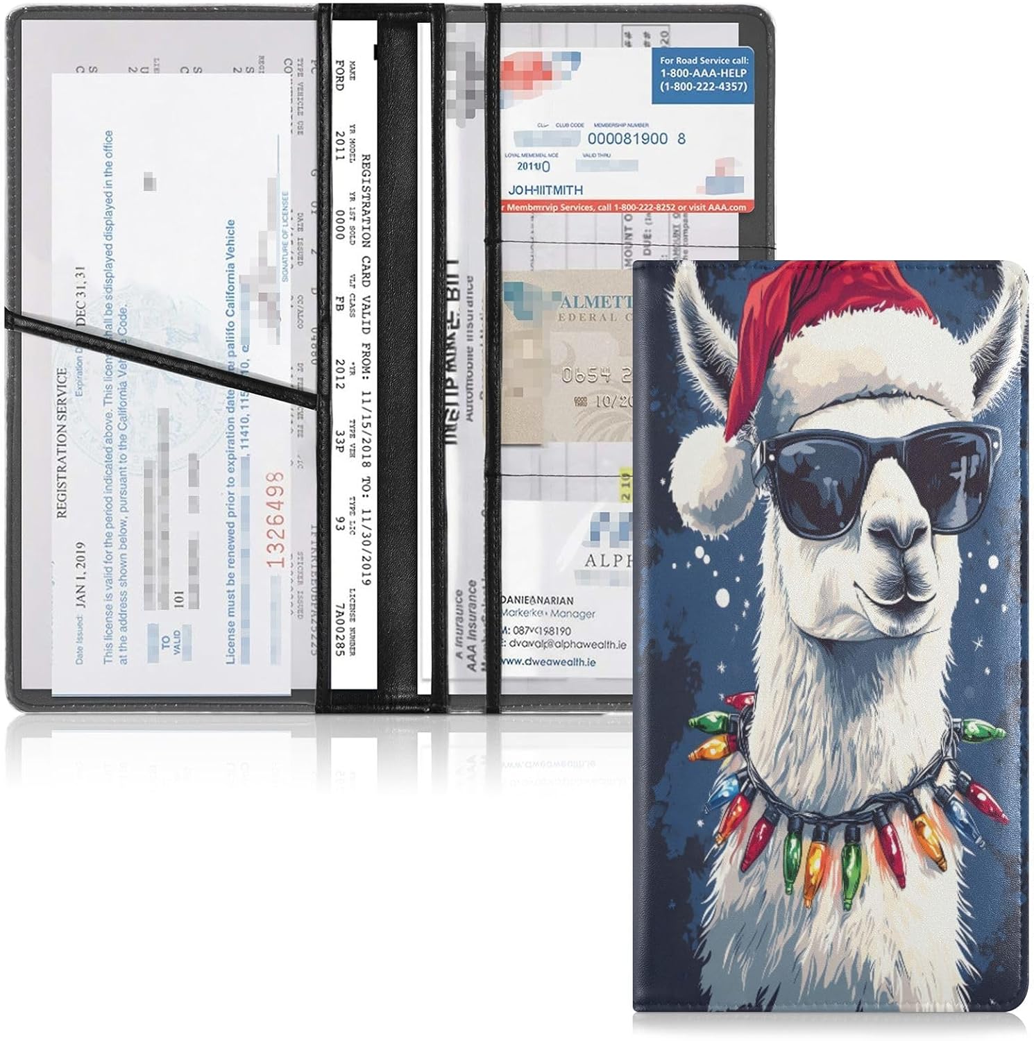 Black Sunglasses Christmas Santa Alpaca Car Registration and Insurance Holder Vehicle Glove Box Organizer Car Accessories Wallet Case for Women Men 202b9302