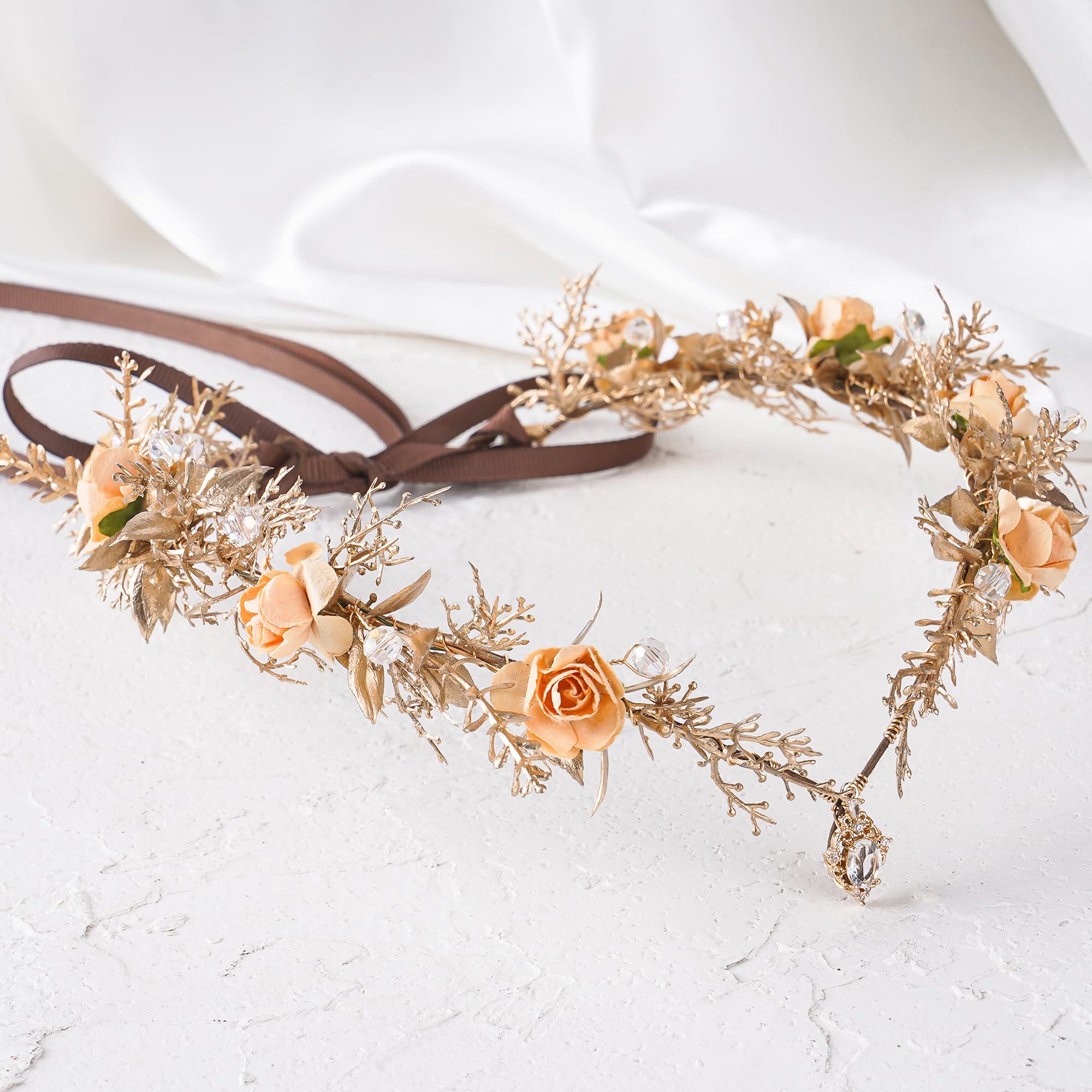 MOSTORY Gold Fairy Flower Crown for Women Floral Elf Crown Forest Leaf Headpiece for Renaissance Party Cosplay Photo Shoot - Image 3