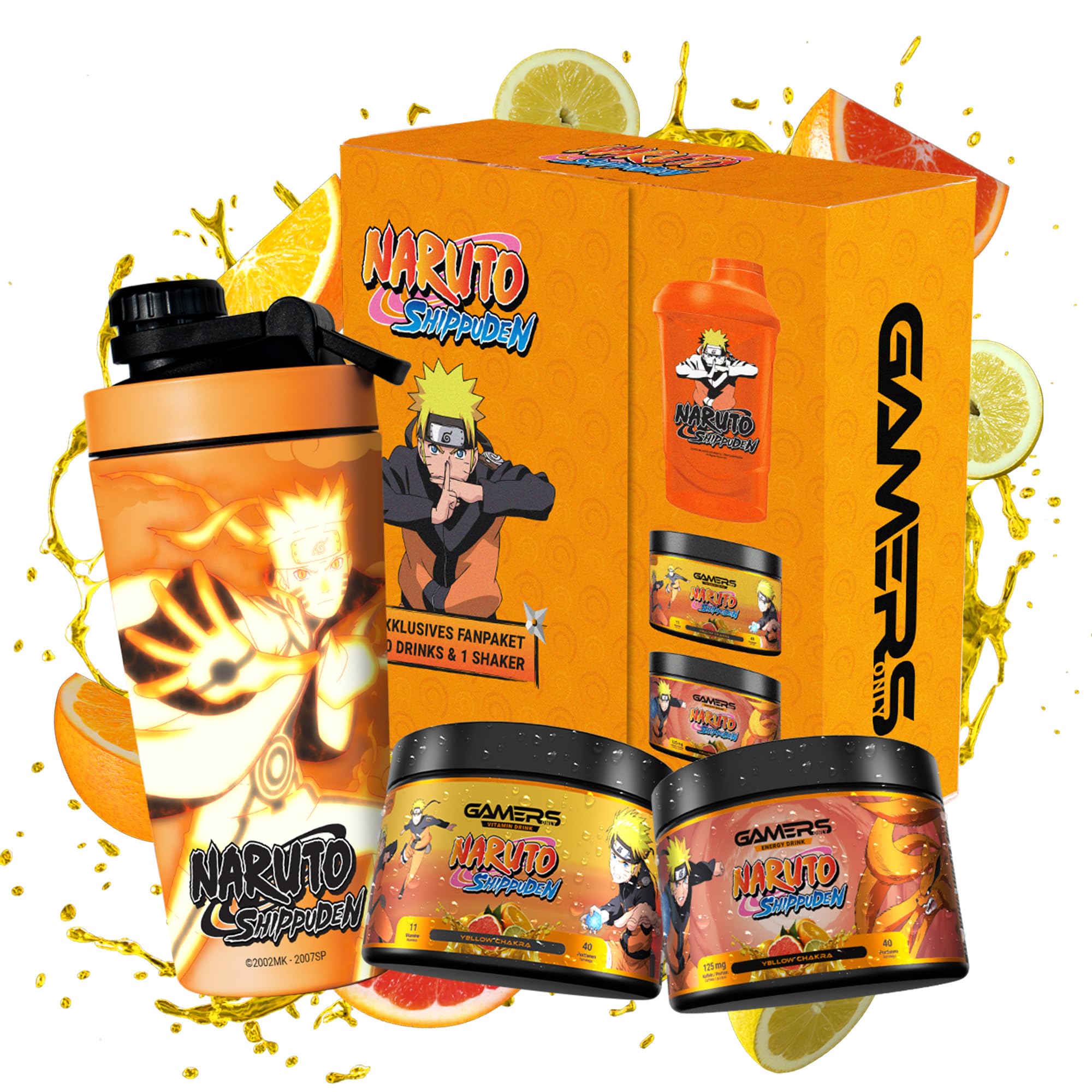 Gamers Only x NARUTO Collector Bundle [MIT ENEGRY PULVER & VITAMIN DRINK ] - 40 Portionen | inkl. Edelstahlshaker | Erhöht die Konzentration & Reaktionen | 125 MG Koffein