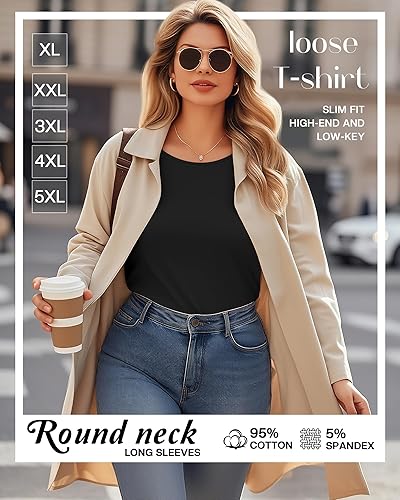 Miniatura 3 de Paquete de 3 camisas de algodón para mujer, talla grande, cuello redondo, manga larga, casual, ajustadas, camisetas de punto, blusas