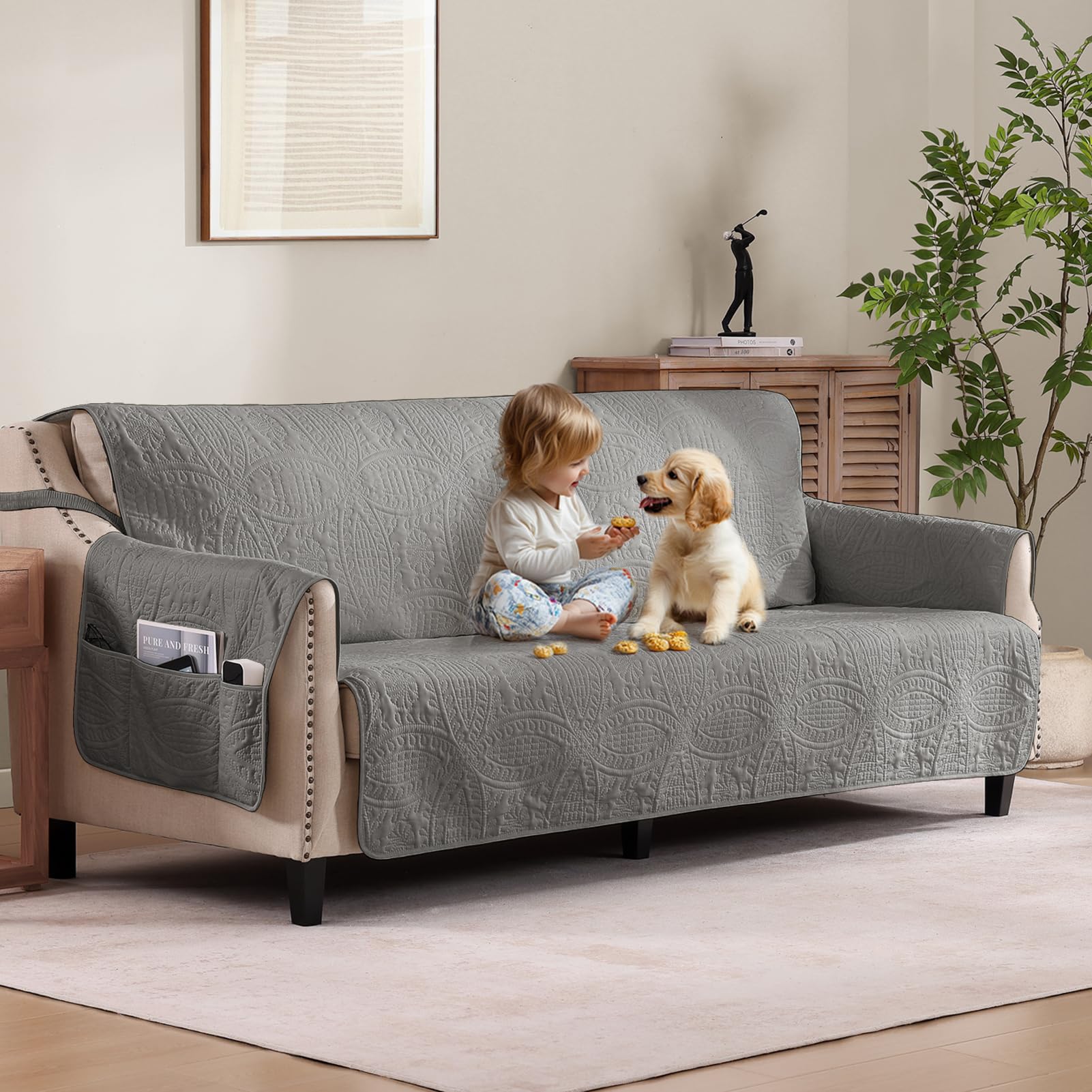 Soft Quilted Couch Cover with Pockets for Extra-Large Sofa, Anti-Slip Sofa Covers Washable for 3 Cushion Pet Friendly, Oversized Sofa Cover Water-Repellent (X-Large Sofa 78", Cool Gray)