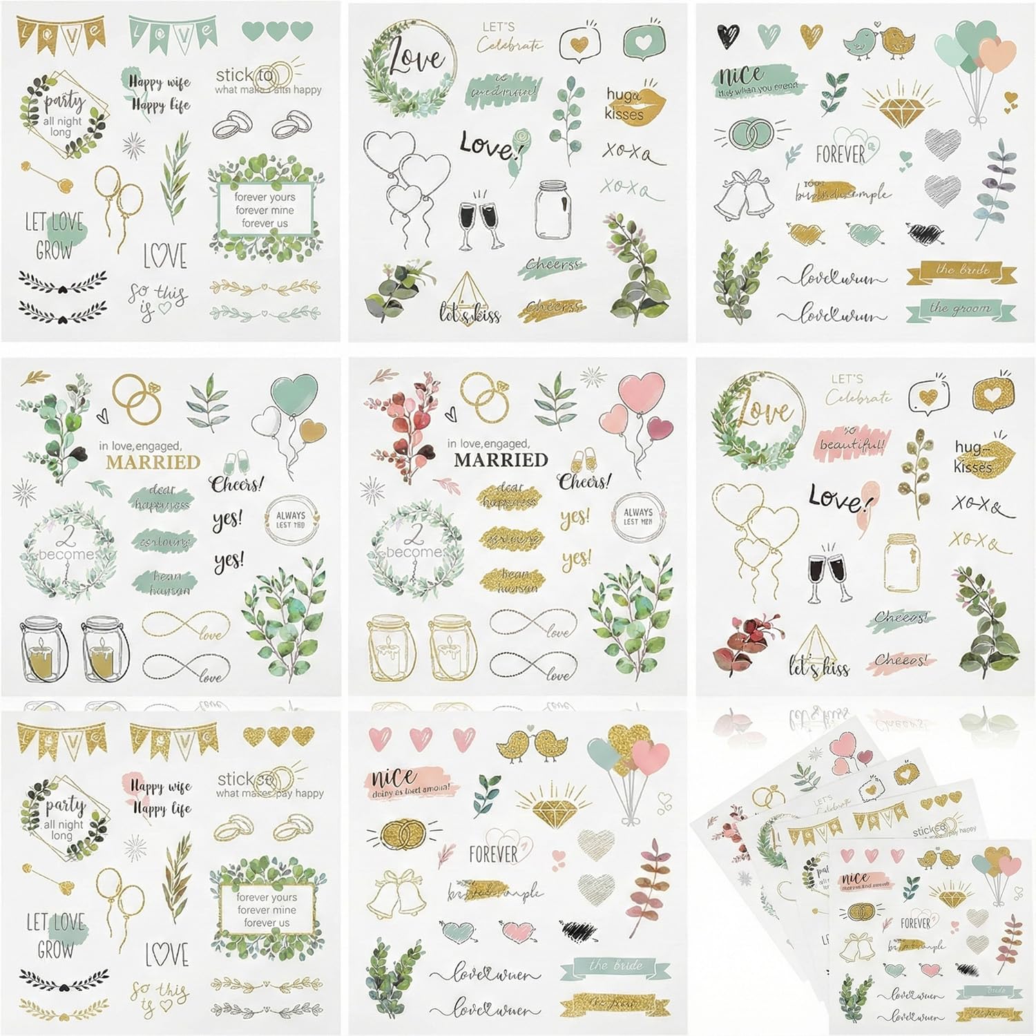 Hopzab 8 PCS Green Series Wedding Scrapbooking Stickers Set,Waterproof Sticker DIY Decals for Decoration, Vintage Weddings Decorator,for Planning and Romantic Scrapbook