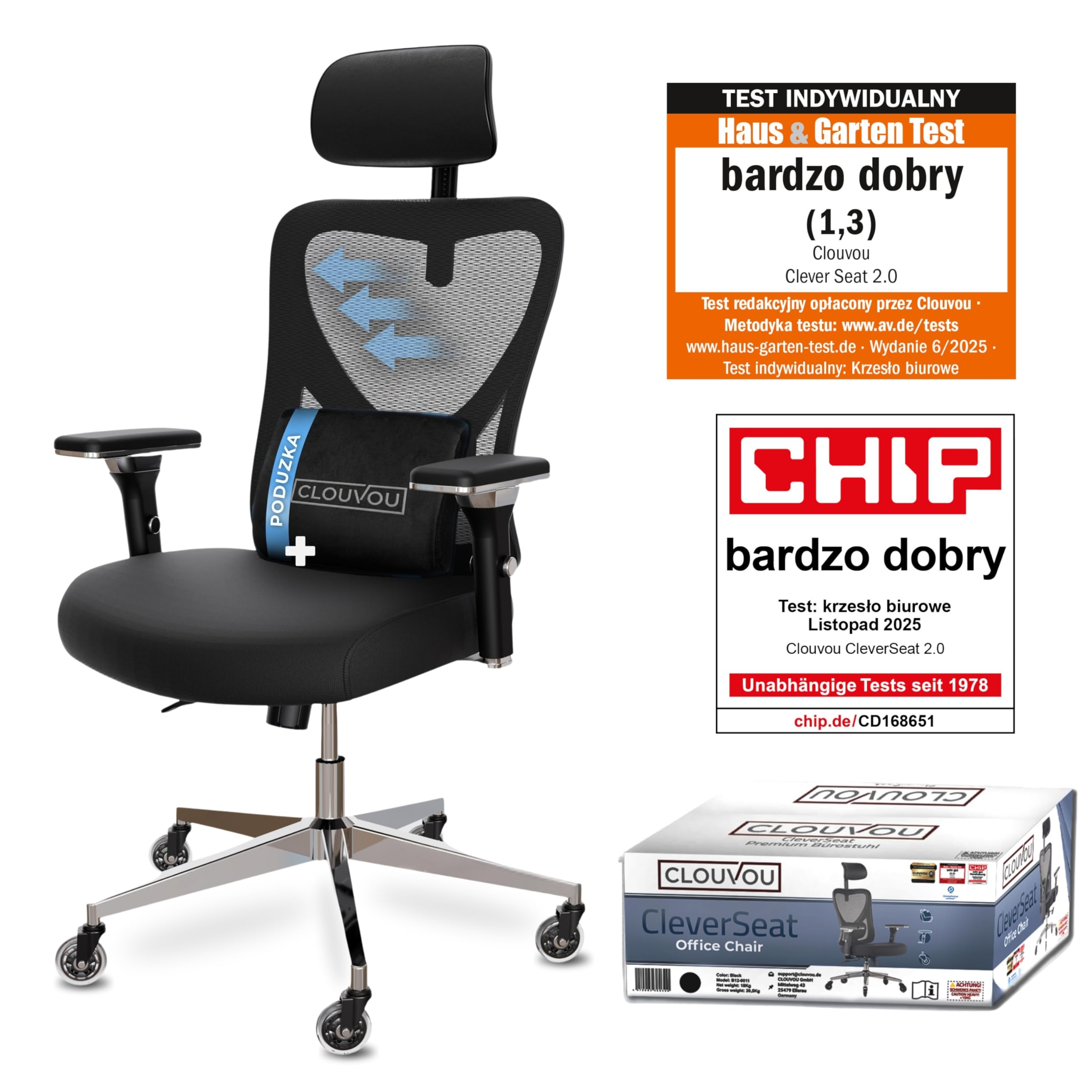CLOUVOU CleverSeat Ergonomiczne krzesło biurowe [NR 1 W RANKINGU] Regulowane krzesła biurowe - fotele ergonomiczne | Siatkowy fotel biurowy z podparciem | Fotel ergonomiczny do gier do 150 kg
