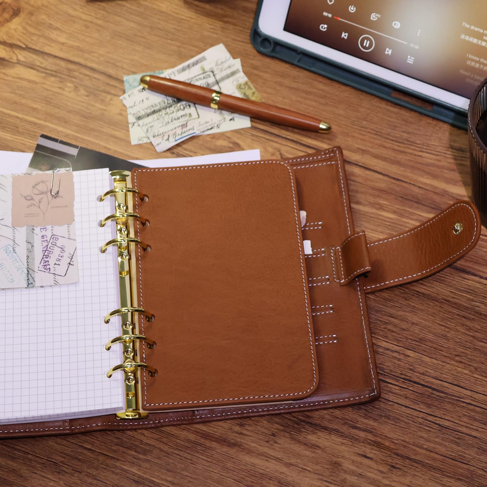 Minerva - Organizador personal tamaño A6 XL de piel auténtica, cuaderno de diario de anillas de estalogía, cuaderno de bolsillo con carpeta de 25 mm (marrón coñac)
