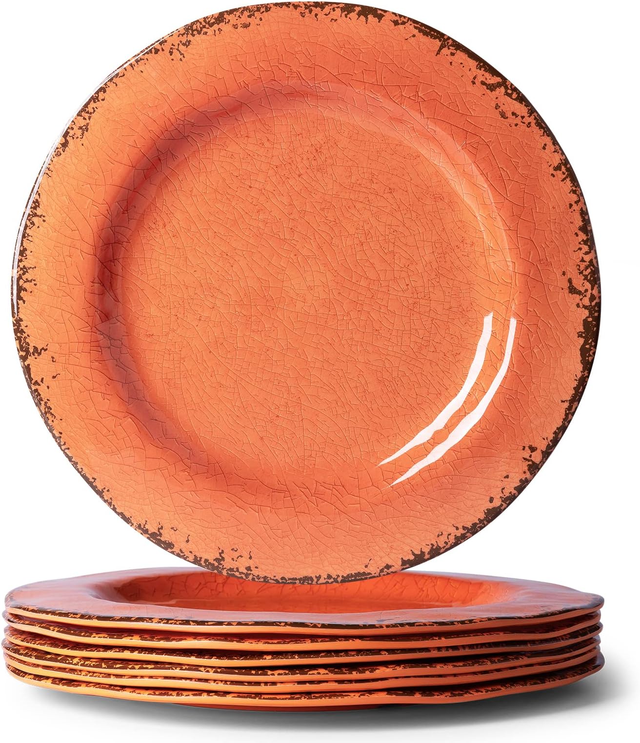 LEHAHA Melamine Salad/Dessert Plates, Crackled Design Plates Set of 6, 9 inch Small Dinner Plates, Modern Rustic Kitchen Serving Dishes for Party, Picnic and Camping Use, Orange