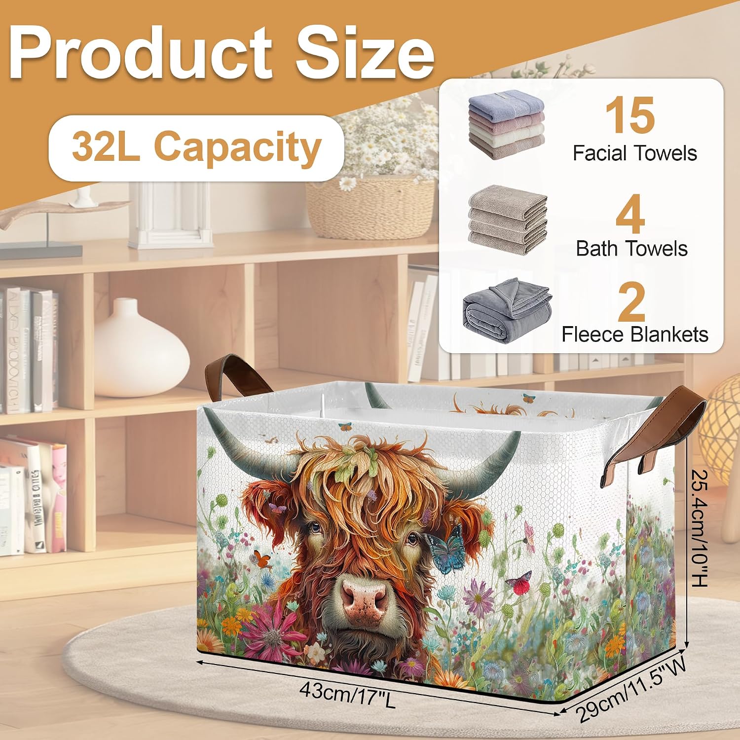 Storage Bins with Handles, Oxford Cloth Storage Basket with Sturdy Frame, Flower Highland Cow Collapsible Organizer for Closet, Shelf, Clothes, Towels, Home Storage