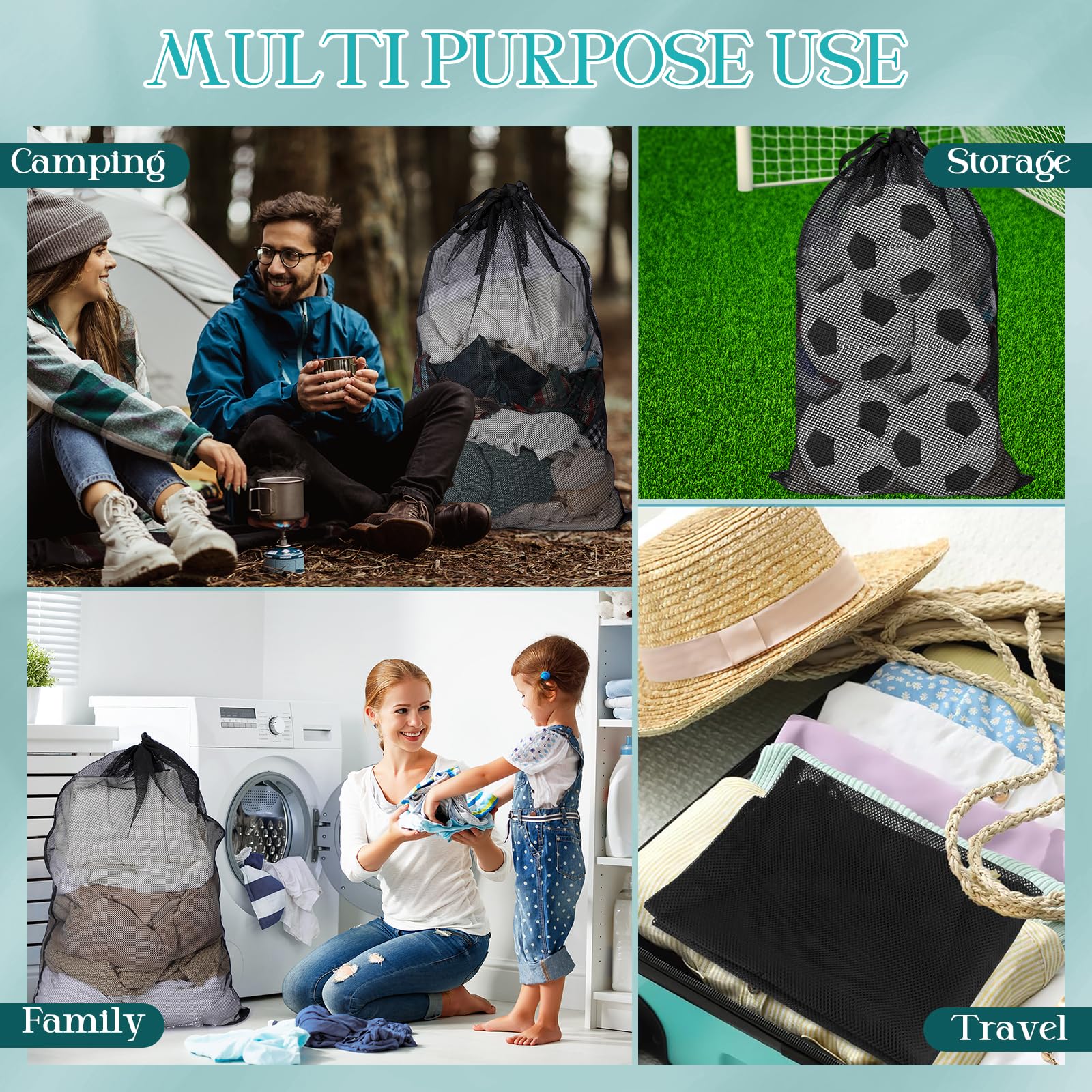 Aliceset 4 bolsas de lavandería de malla de 24 x 36 pulgadas con cordón, bolsa de lavandería de malla resistente con asas, lavable a máquina, para dormitorio universitario, familia y residentes de