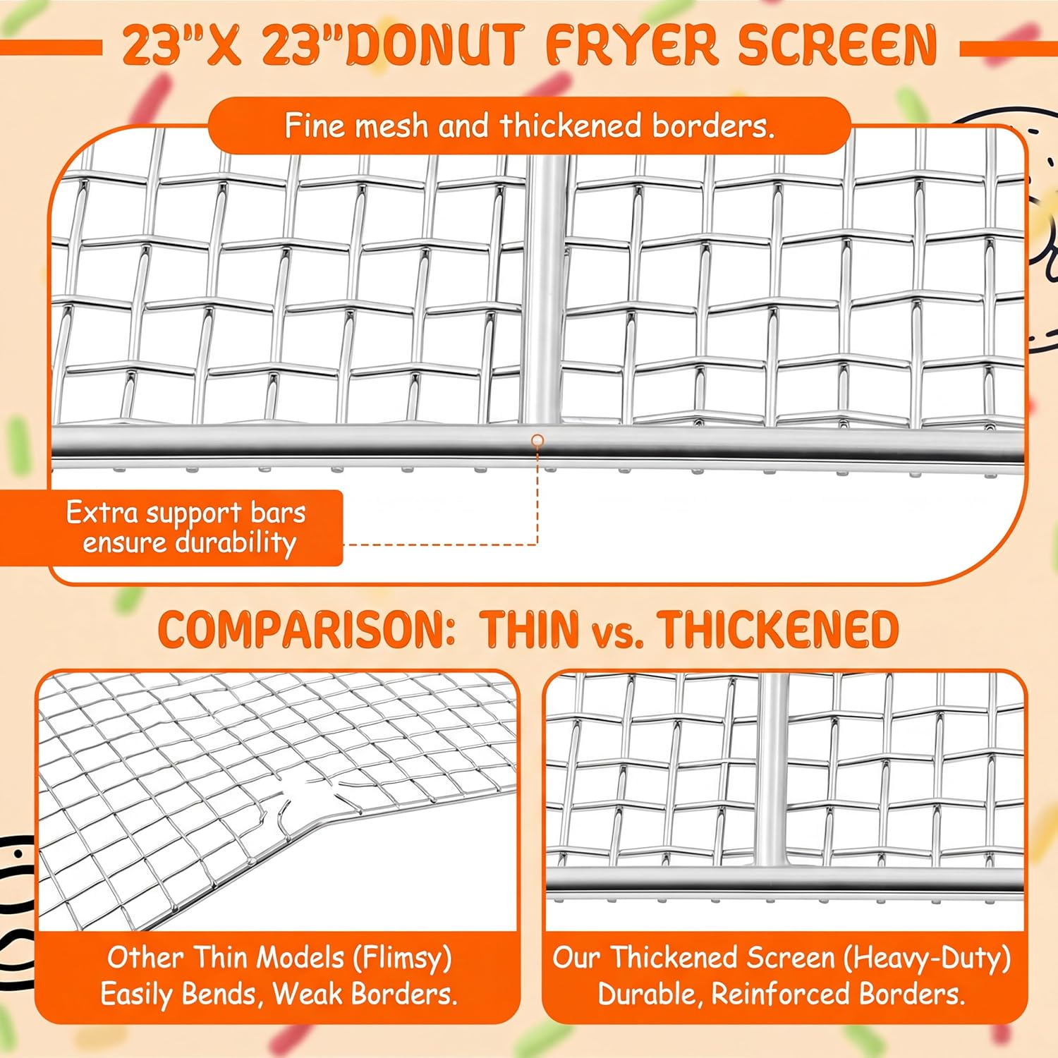 5 Pack 23 x 23 Inch Stainless Steel Bakery Screen, Heavy Duty Wire Cooling Grid for Donuts Bread Pastries, Commercial Baking Tray Insert for Frying Draining Glazing, Oven Safe Mesh Tray