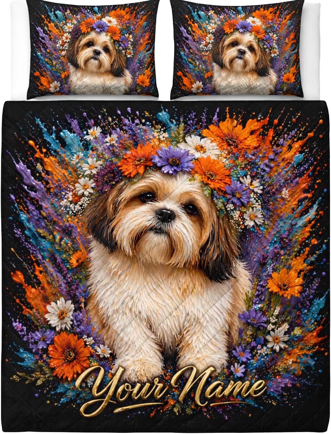 ThangPham Shop Personalized Floral Cute Dog Quilt Bedding Set (5 Sizes) – Colorful Puppy Floral Bedspread Set, Pet Lover Bedroom Decor