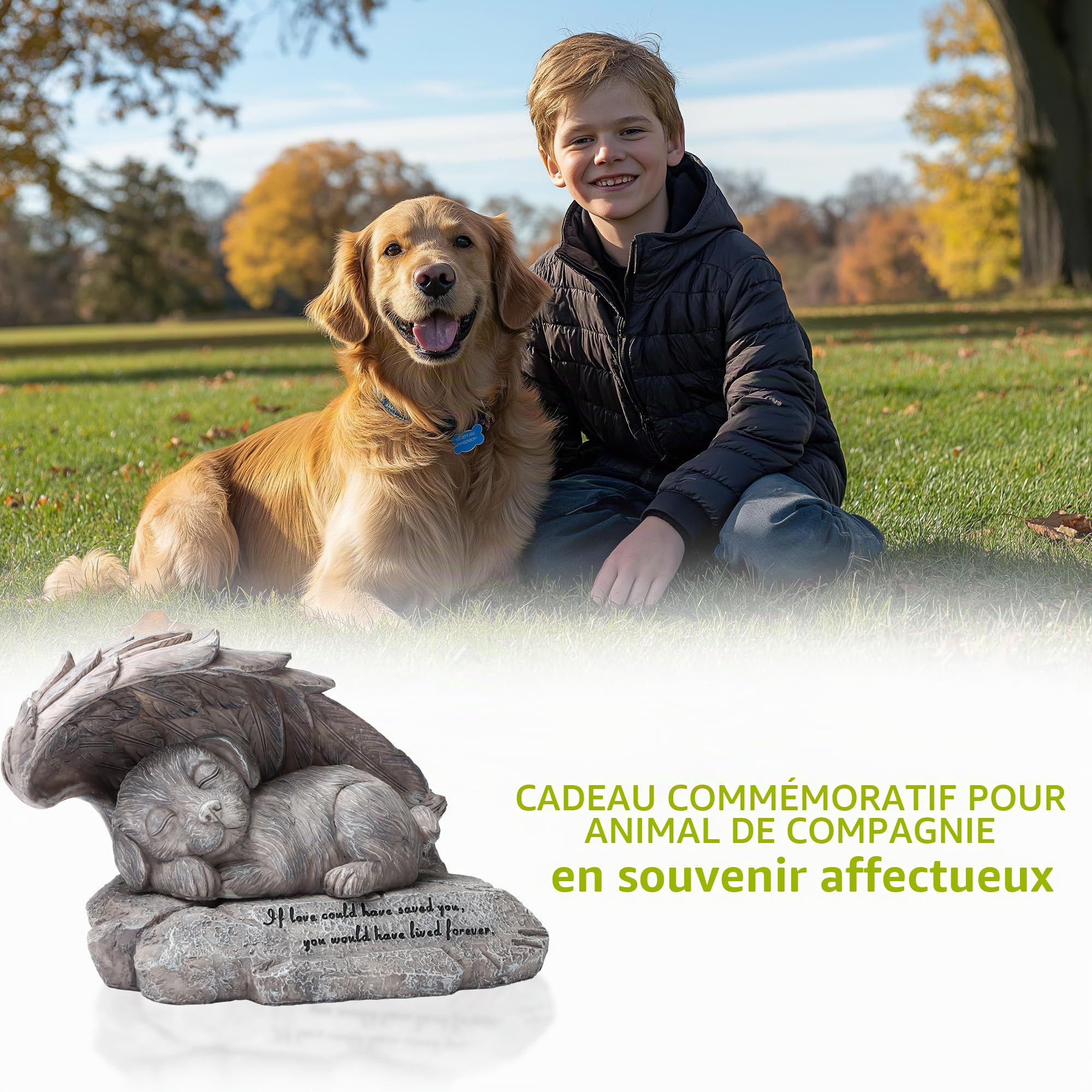 Mémorial pour chien et animal de compagnie - Statue commémorative pour chien - Pierre avec ailes d'ange - Urne pour chien - Cadeau de perte - Décoration de jardin en plein air