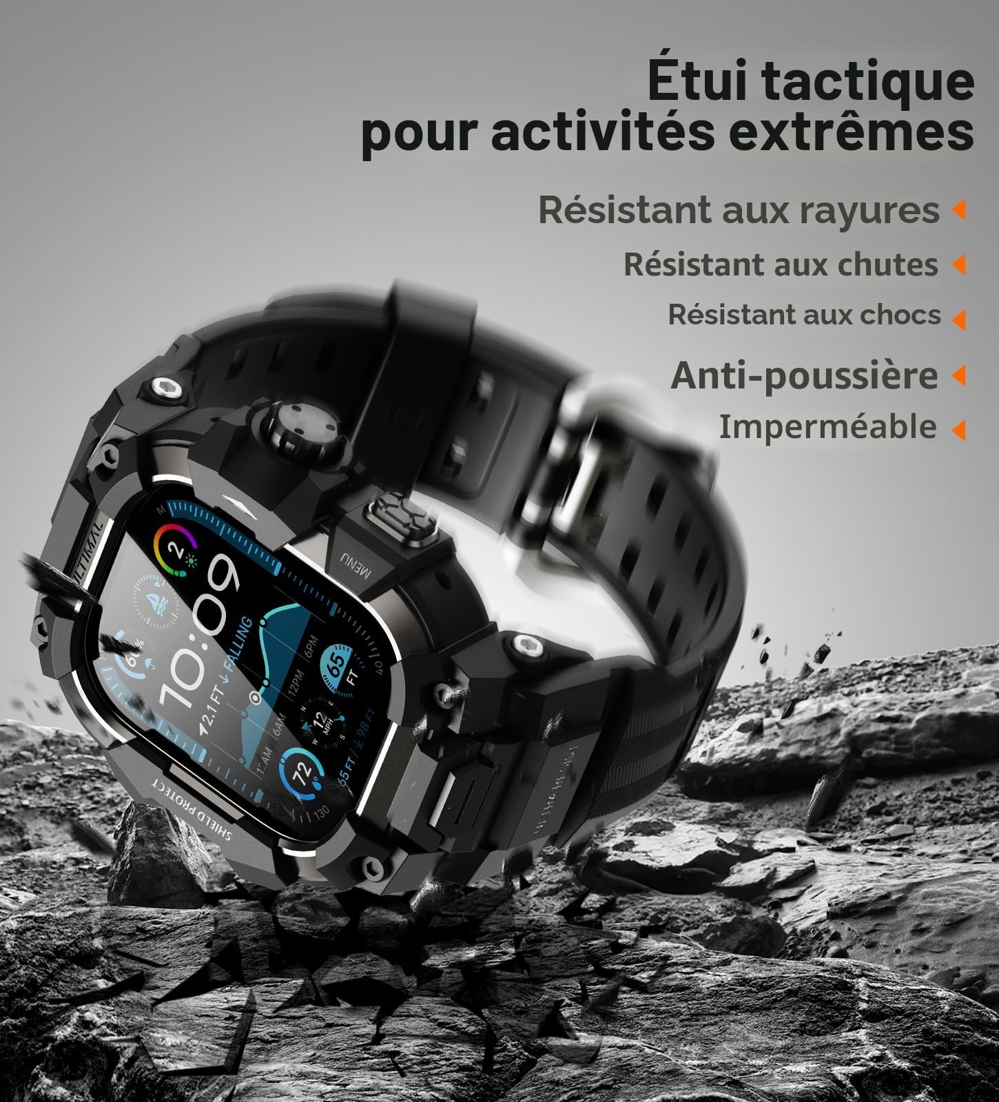 ULTIMAL Bracelet Étui Résistant pour Apple Watch 49 mm - Compatible avec les Modèles Ultra 3/2/1, Antichoc Éprouvé Militairement, Bracelet en TPU Respirant, Charge Sans Fil Prise en Charge