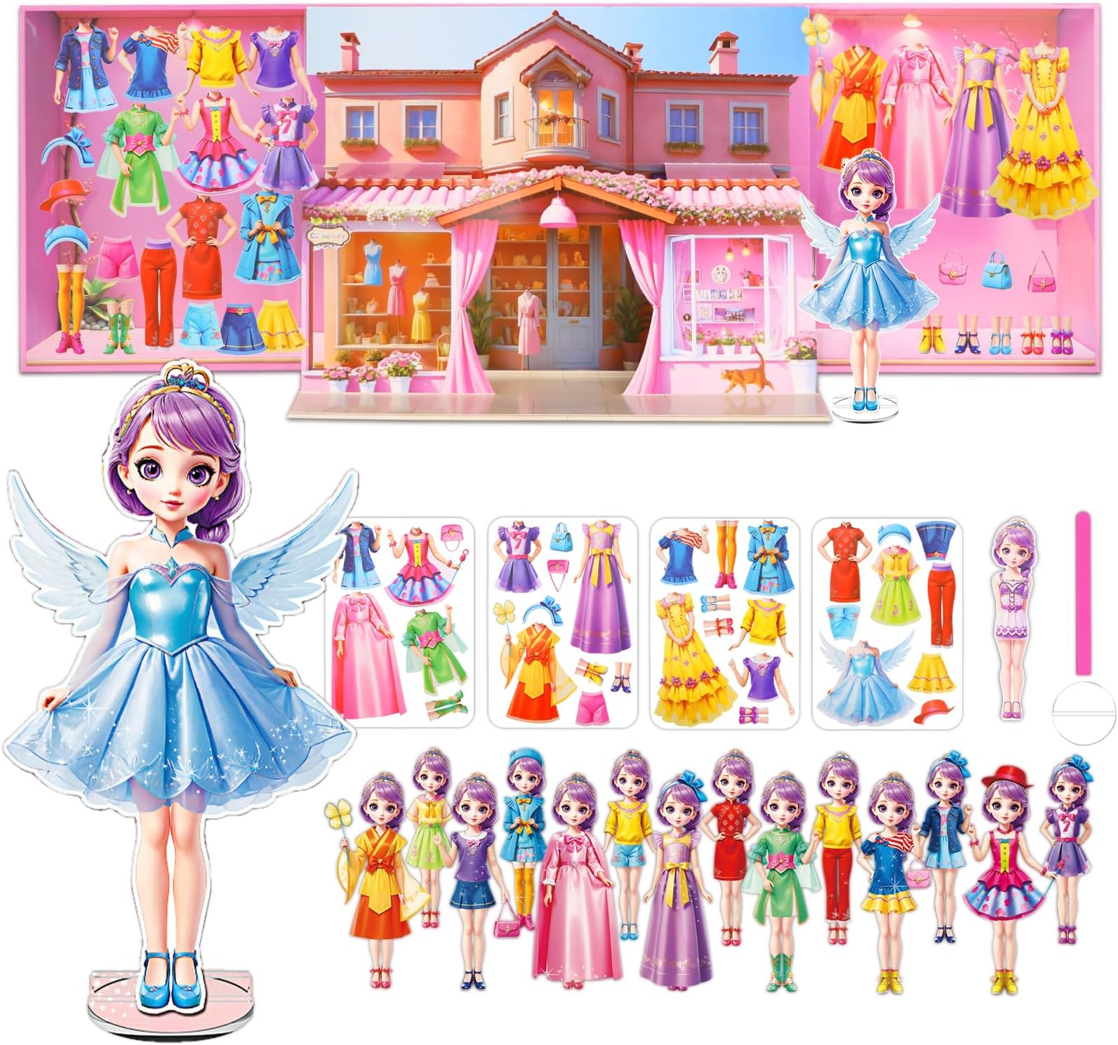 Princess Magnetic Dress Up Dolls Games, Magnetic Dress Up Play Set for Girls, Travel Road Trip Airplane Activity Toys with 3D Magnetic Game Scene, Magnetic Paper Dolls for Girls Ages 4-7