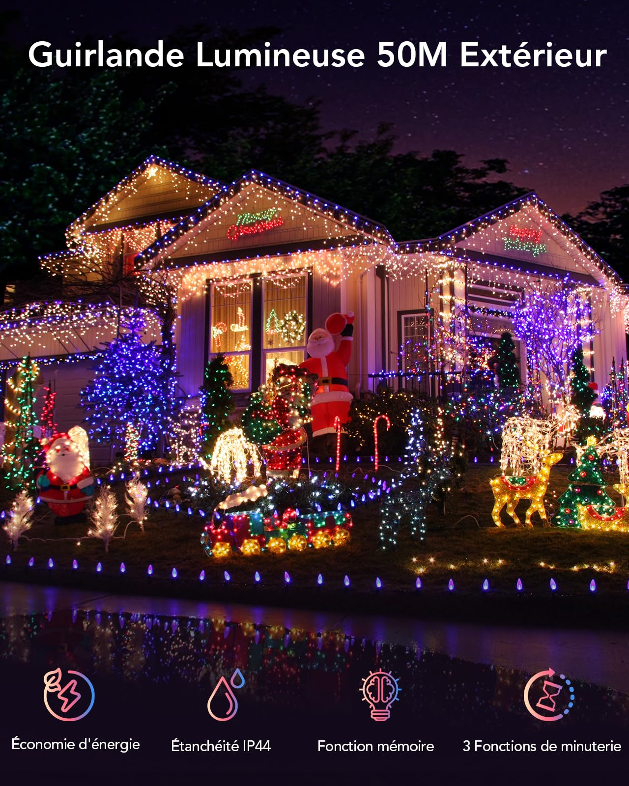 Guirlandes Lumineuses de Noël 50 m, 500 LED, Guirlande Lumineuse avec 11 Modes, IP44, Décoration pour Noël, Fête, Mariage, Patio, Jardin, Festival (Blanc Chaud et RVB)