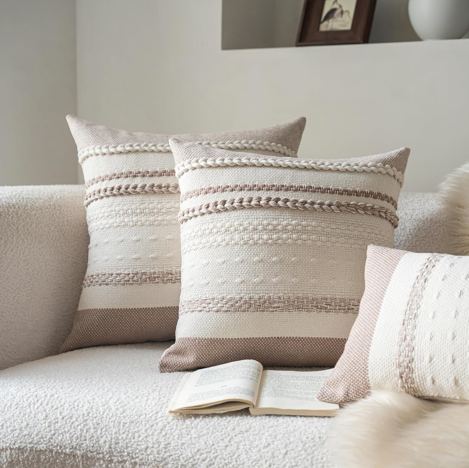 Cethom Boho Throw Pillow Covers 20x20 Inch Set of 2, Khaki Textured Decorative Couch Pillow Cases for Farmhouse Home Decor, Accent Cushion Cover for Sofa, Bed, Living Room, Bedroom