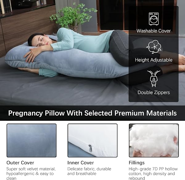 MOON PARK MOON PARK Pregnancy Pillows for Sleeping - 57 Inch U Shaped Full Body Maternity Pillow with Removable Cover - Support for Back, Legs, Belly, Hips - Pregnancy Pillow for Women - Grey in use