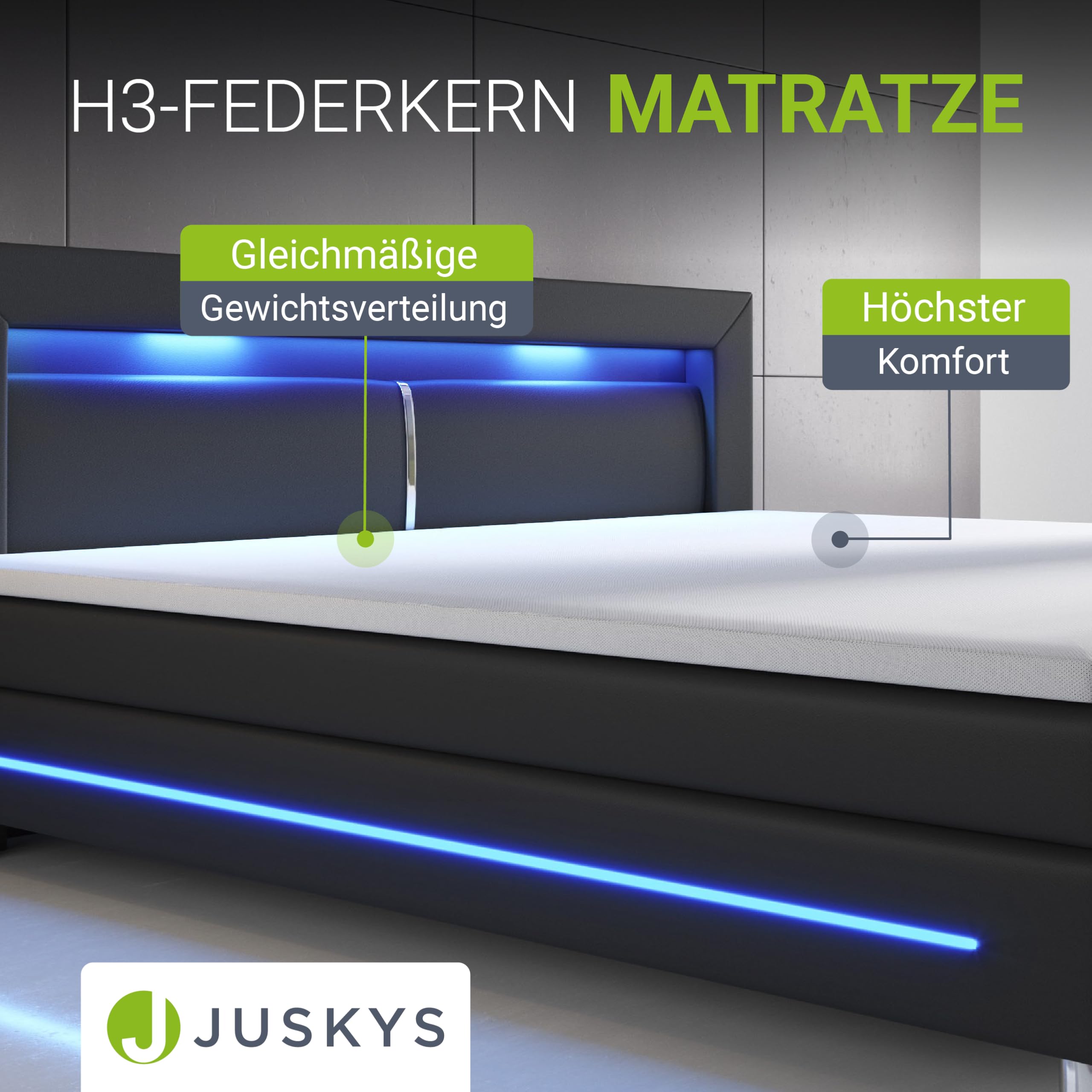 Juskys Boxspringbett Norfolk 200x200 cm - LED Beleuchtung, Bonell Matratze & Topper - 66 cm Komforthöhe - schwarz - Bett Doppelbett Polsterbett