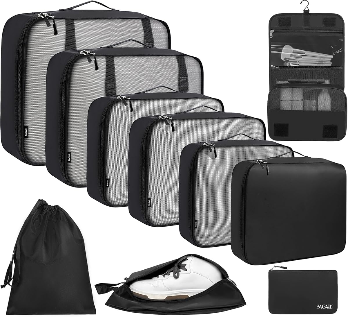 BAGAIL 10 Set Packing Cubes Various Sizes Packing Organizer for Travel Accessories Luggage Carry On Suitcase-Black