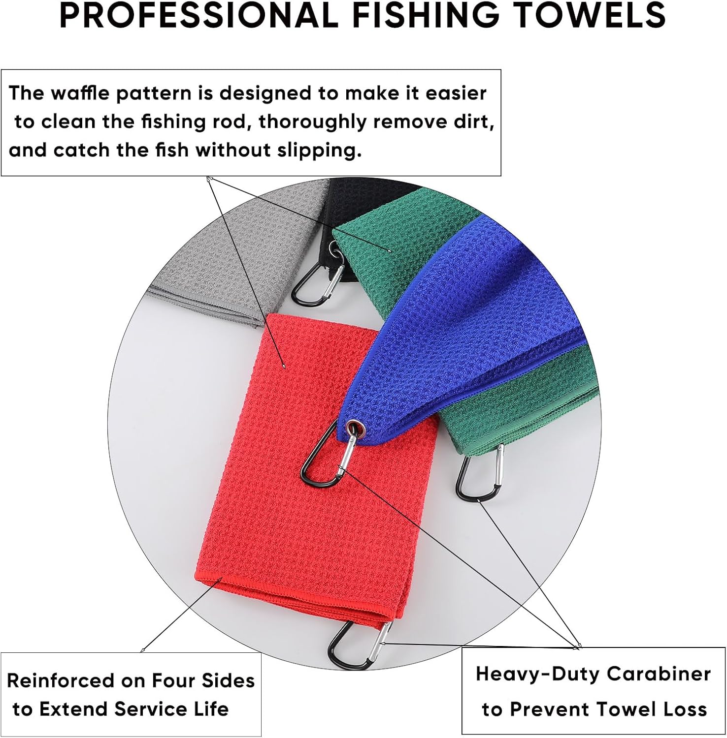Microfiber Fishing Towel with Clip – 3 Pack 16"x16" Super Absorbent & Quick-Dry Towel for Fishing, Swimming, Camping, Car Detailing – Ultra-Soft, Lint-Free, Lightweight(Green-Grey-Black)