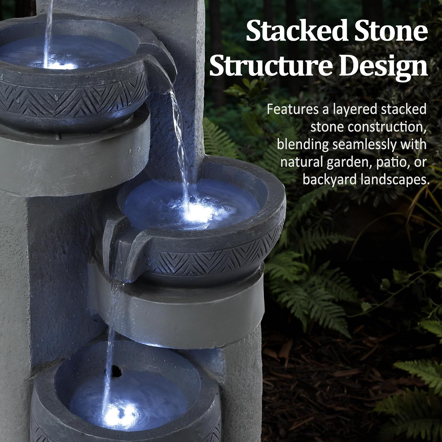 31.5" Tall Outdoor Water Fountain, 4 Tier Cascading Bowls and Stacked Water Fountain with LED Lights, for Yard Décor, Backyard, Patio and Deck (31.5'')