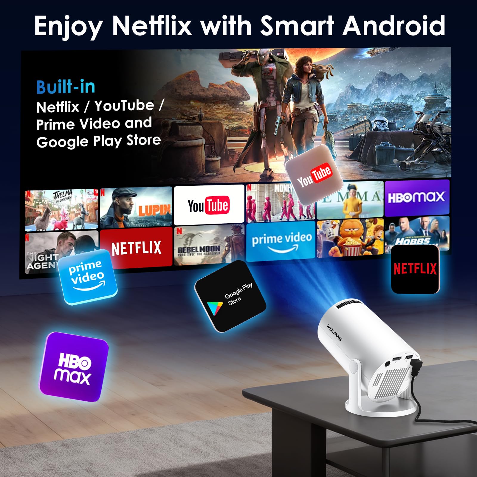 [App integrate e Android 11.0] Proiettore portatile WOLFANG 20000 Lux 4K supportato rotazione a 180° e Keystone automatico, compatibile con TV Stick/Windows/iOS/Android/HDMI/USB (1080P)