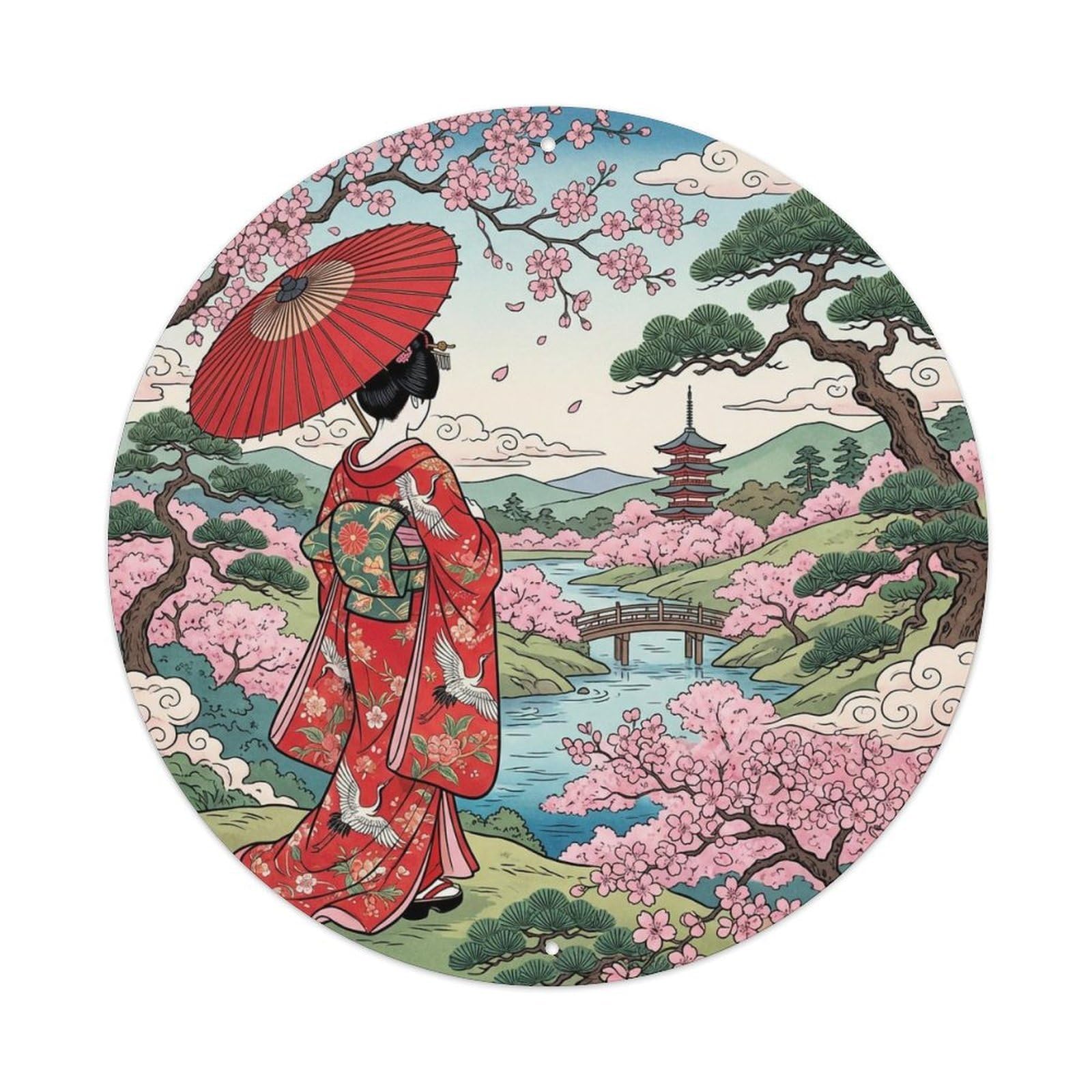 Japanese Geisha Cherry Blossoms Full Bloom Scenic View Metal Tin Sign